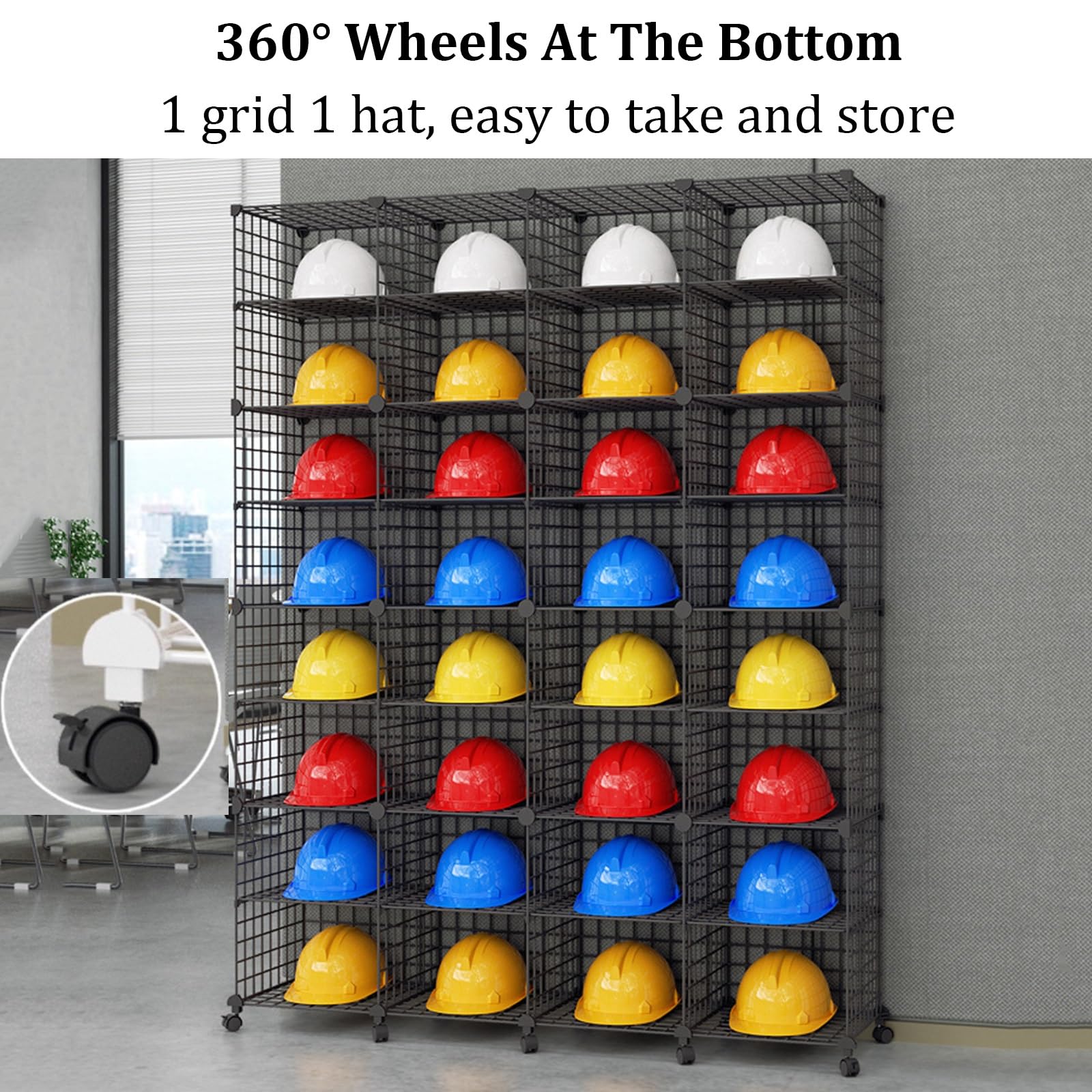Boîtes de rangement empilables pour casques de sécurité, grand support réglable à roulettes, présentoir à casques sur pied pour la maison, le chantier ou l'usine(White,4 grids)