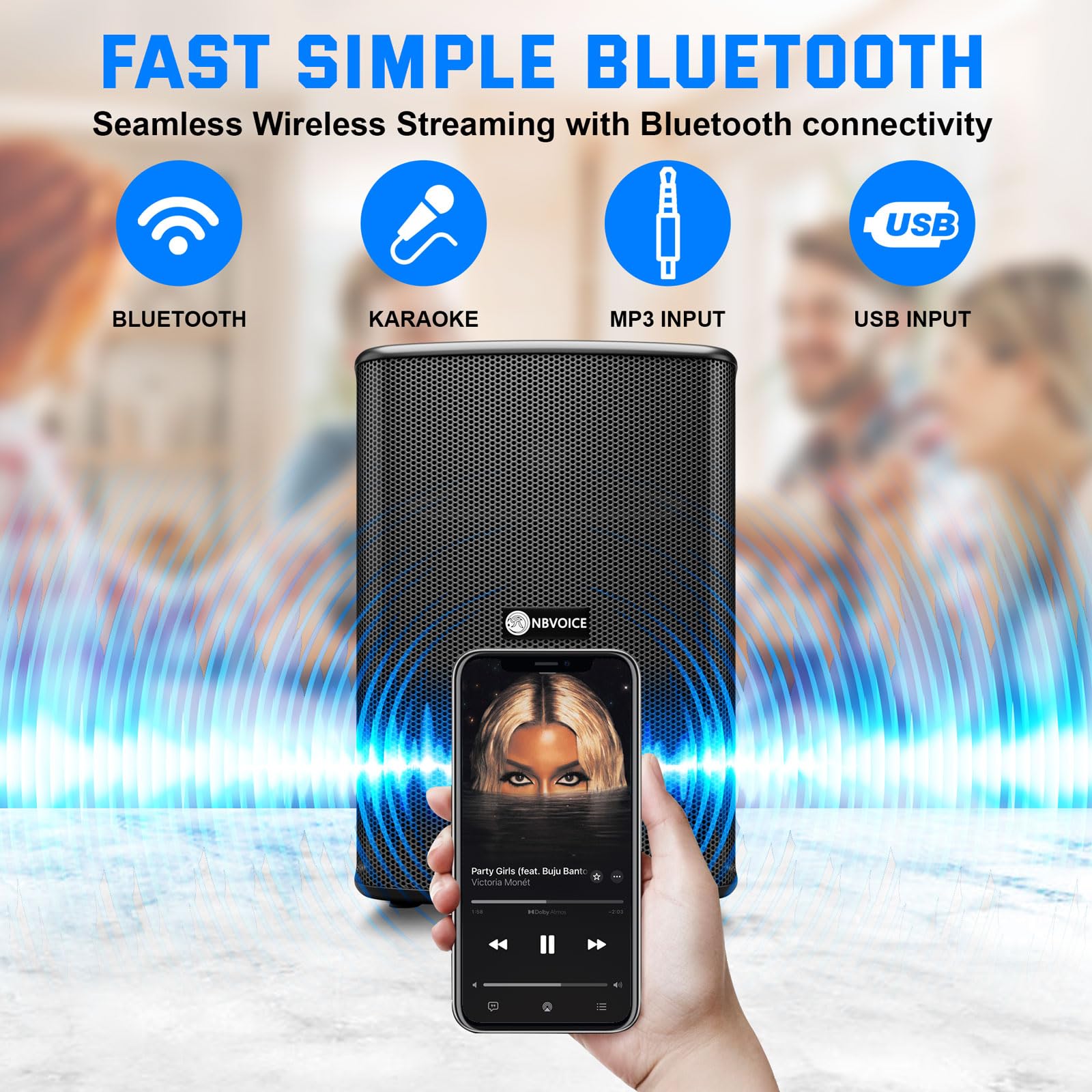 NBVOICE All-in-1 Portable Speaker System, Powerful Bass, 2-Way Powered 8