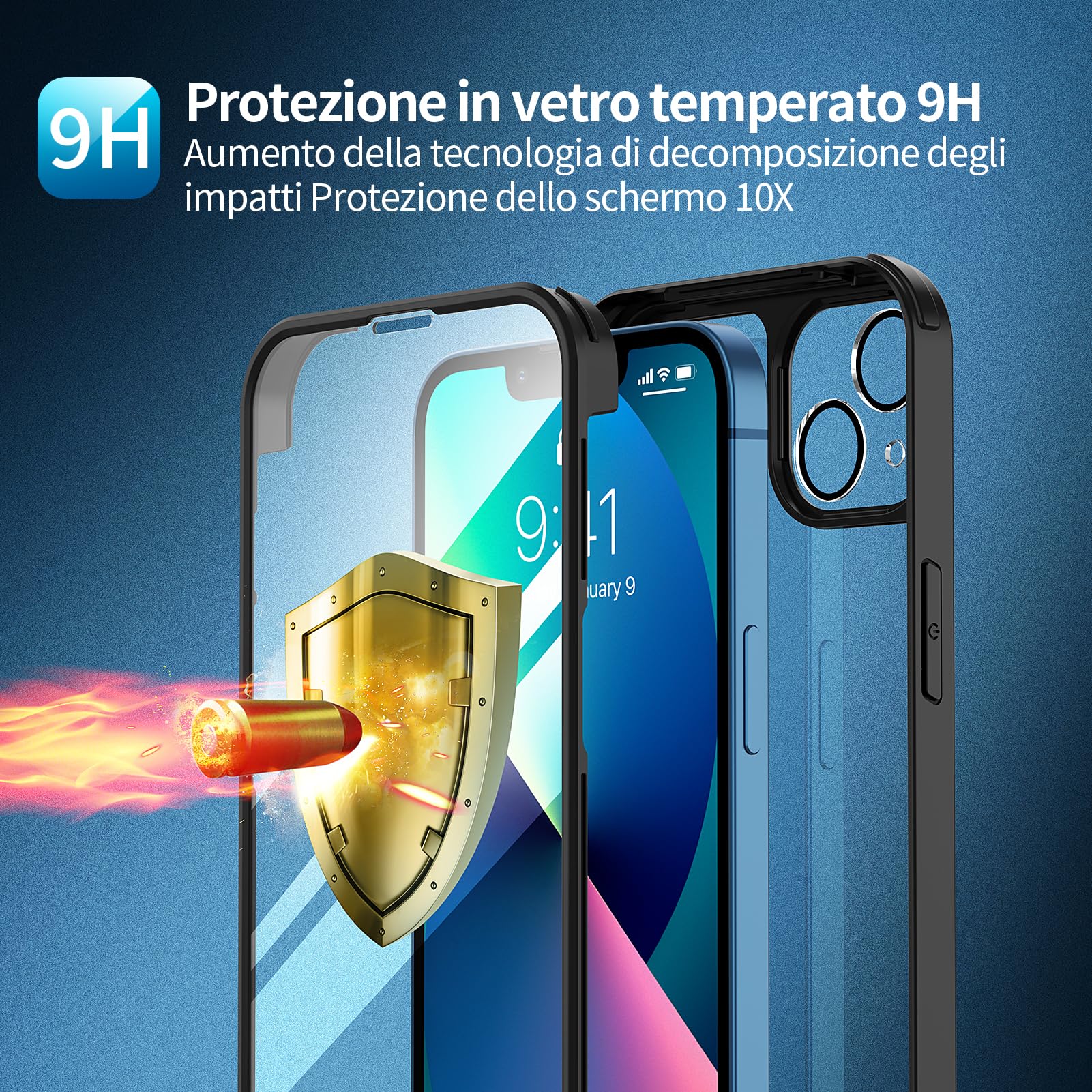 seacosmo Cover per iPhone 13, 9H HD Protezione dello Schermo in Vetro Integrata e Pellicola Fotocamera 360 Gradi Antiurto Case, Rugged Fronte Retro Custodia per iPhone 13, Nero