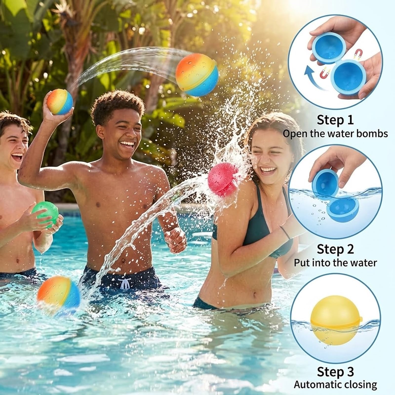 Wiederverwendbare Wasserbomben mit Netzbeutel, 16 Stück Silikon Wasserbomben Selbstschließend,Magnetisch, Wiederverwendba für Wasserspielzeug Pool Spielzeug Strandspielzeug,für Kinder & Erwachsene