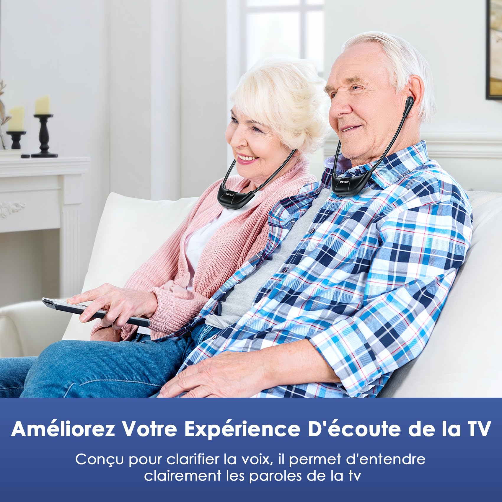 SIMOLIO Double Casque TV sans Fil pour Séniors, Infrarouge, 3 Préréglages de Tonalité, Volume Séparé, 15 Heures Batterie, Son Ambiant, Combiné émetteur/Chargeur, Compatible avec la Plupart des TVs