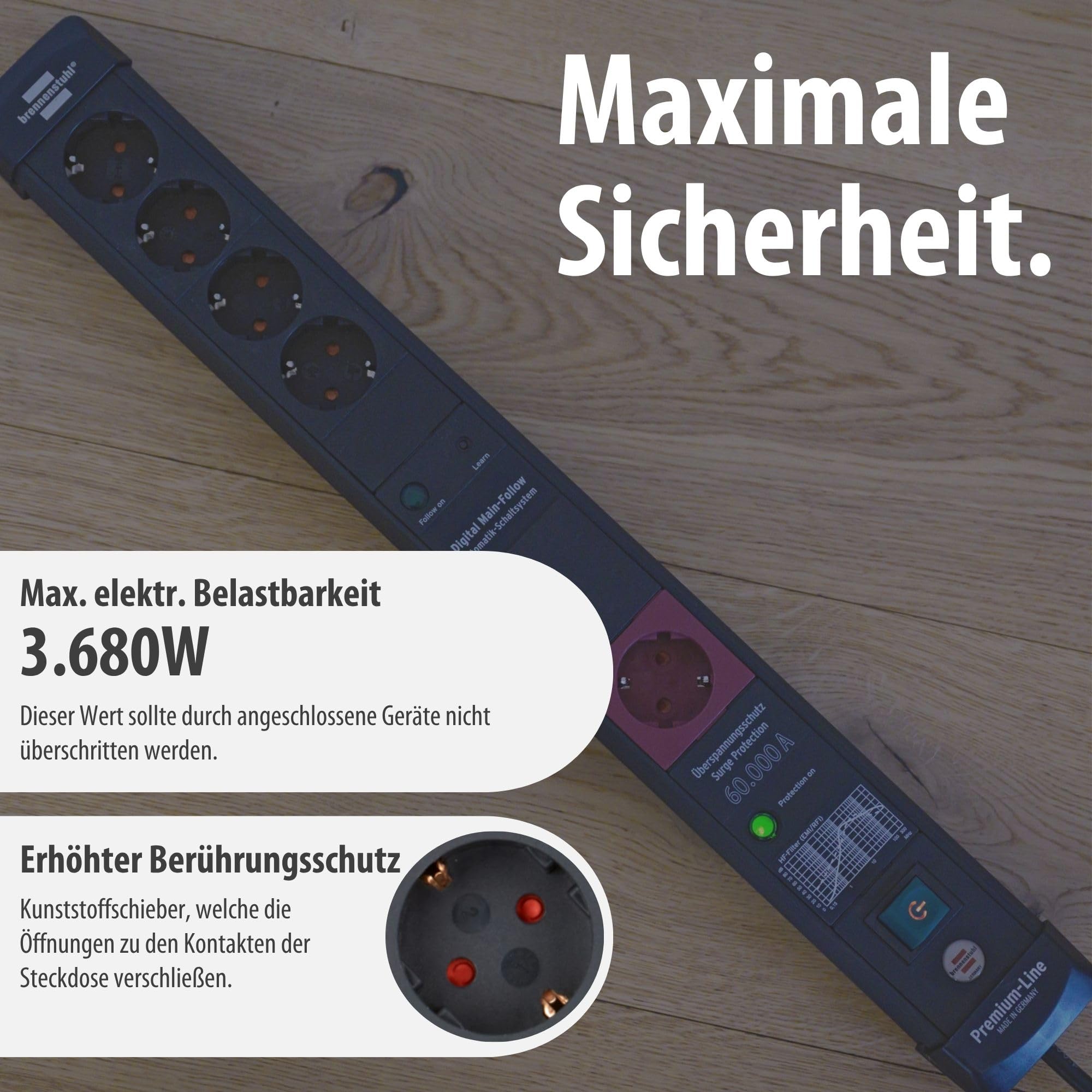 Brennenstuhl Premium-Line Steckdosenleiste 5-Fach mit Überspannungsschutz und Main-Follow Funktion (Mehrfachsteckdose mit Schalter und 3m Kabel, Steckdosenleiste Wandmontage, Made in Germany) schwarz