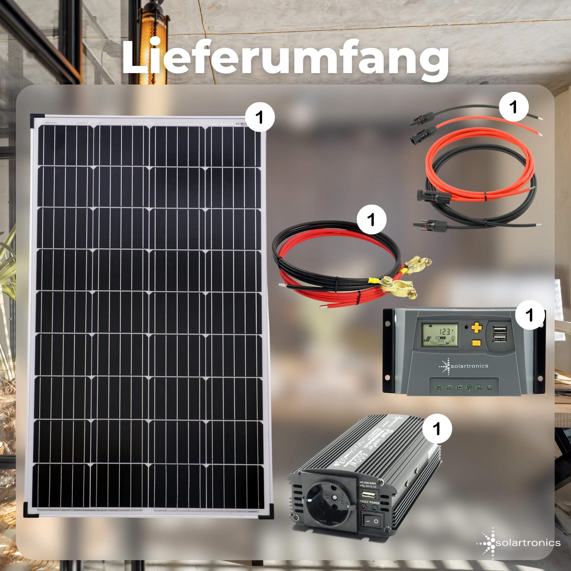 SOLARTRONICS Komplettset 1x130 Watt Solarmodul 600 Watt Wandler Laderegler Photovoltaik Inselanlage