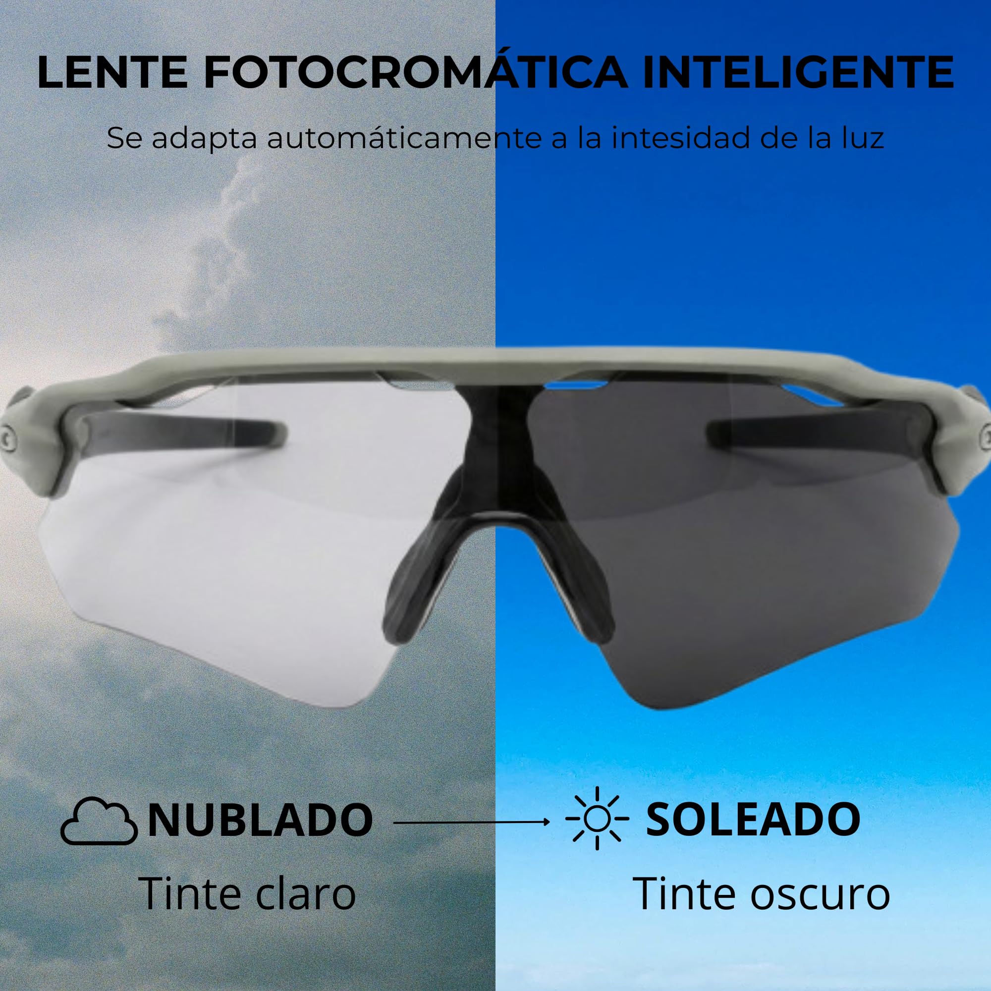 Gafas Ciclismo Fotocromaticas UV400 – Gafas Deportivas para Ciclismo Carretera, MTB y Gravel, Lente Adaptativa Antideslumbrante, Ultraligeras con Ajuste Cómodo, Gafas Ciclismo Hombre Mujer. Cat 2 - 3