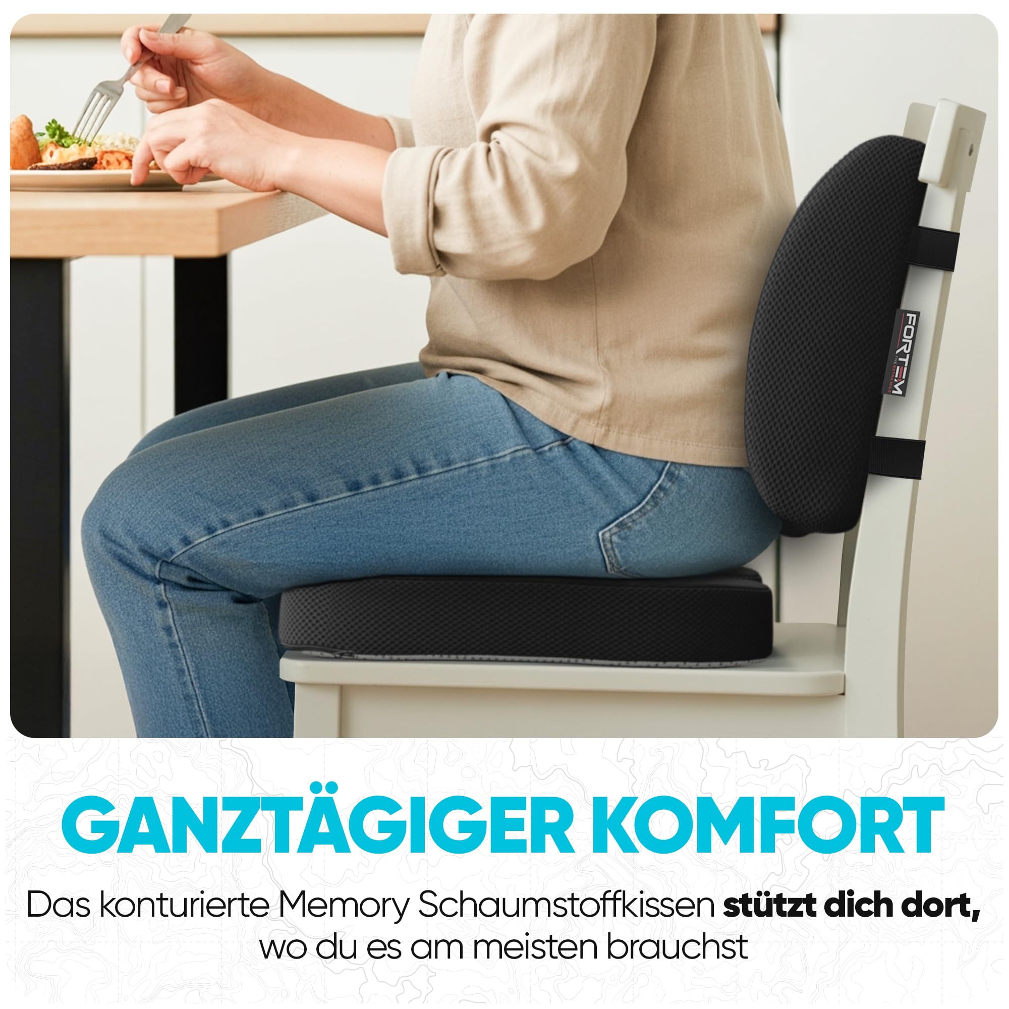 FORTEM Sitzkissen und Lendenkissen für Bürostuhl, Sitzpolster, Memory-Schaum Rückenkissen, Lordosenstütze Auto, Rutschfestes Sitz- und Rückenpolster für Gaming, Autositzkissen, Stuhlauflage