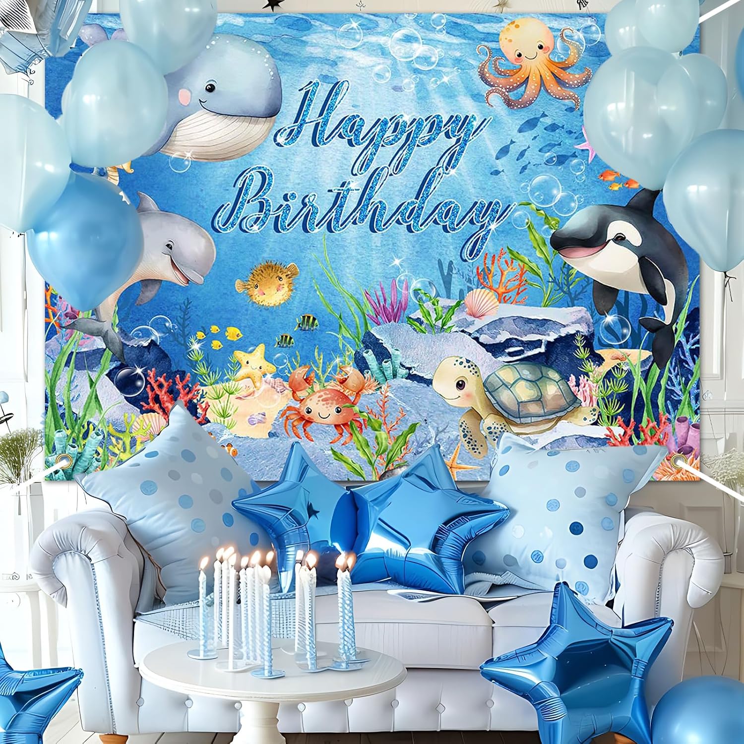 Avezano Under The Sea Birthday Backdrop Ocean Animal Happy Birthday Party Decorations Dolphin Shark Underwater Blue Party Banner Supplies for Kids (7x5ft)