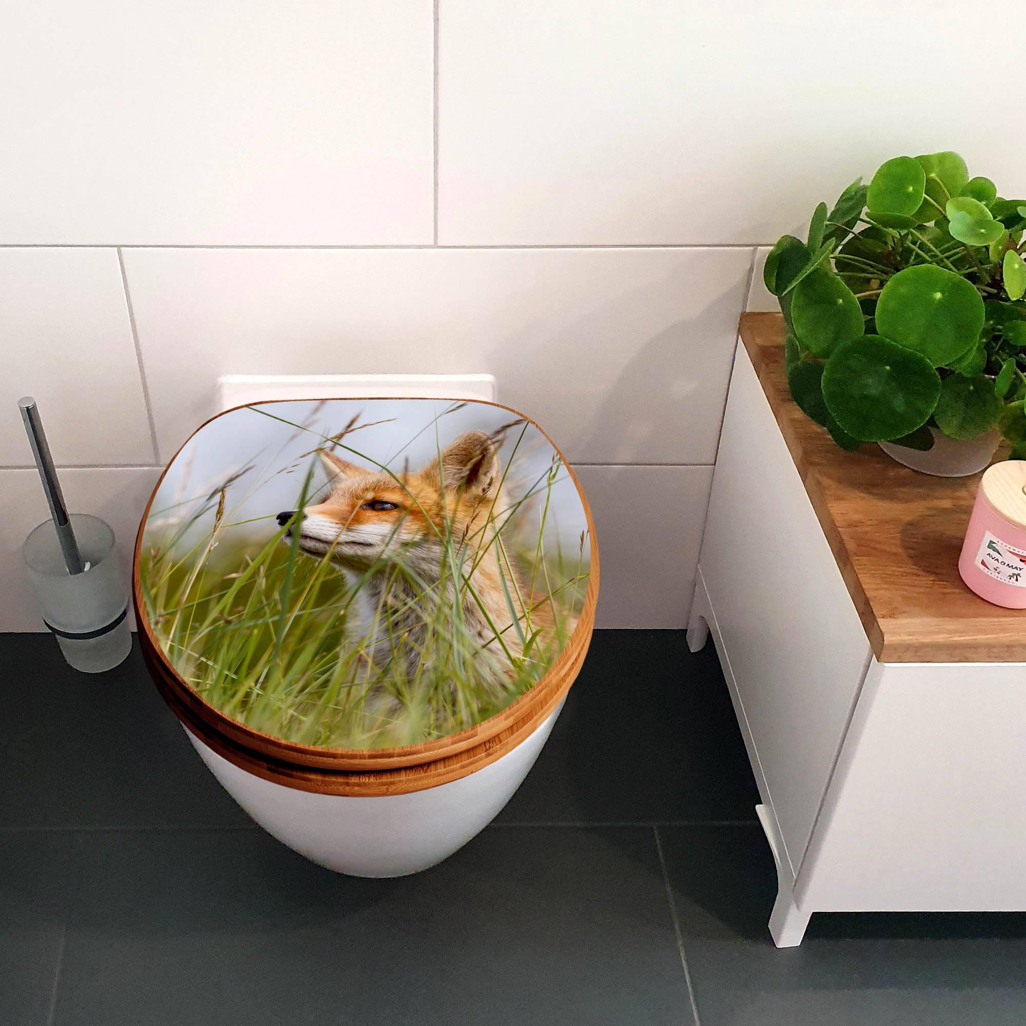 banjado Design WC Sitz Bambus Absenkautomatik 45,8x37,5cm - Toilettendeckel mit Absenkautomatik Holz - hochwertiger Bambus Klodeckel - WC-Sitz für gängigen Toiletten - Motiv Fuchs