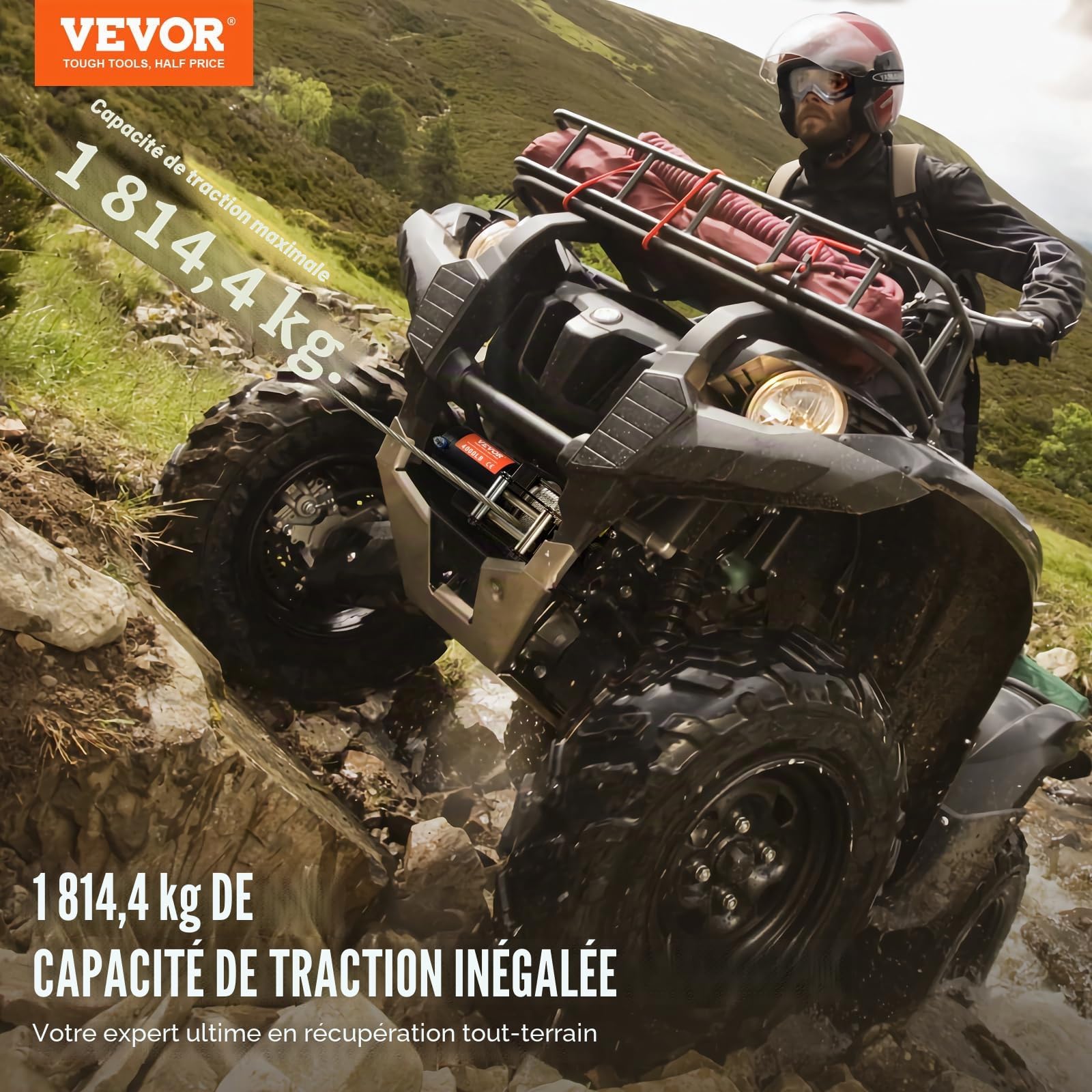 VEVOR Treuil Électrique VTT UTV Capacité de Traction 1814 kg 12 V CC avec Câble en Acier à 7 Brins Φ0,5 x 1188,7 cm, Télécommande Sans Fil et Filaire, Étanchéité IP55, Treuil pour Remorquage VTT UTV