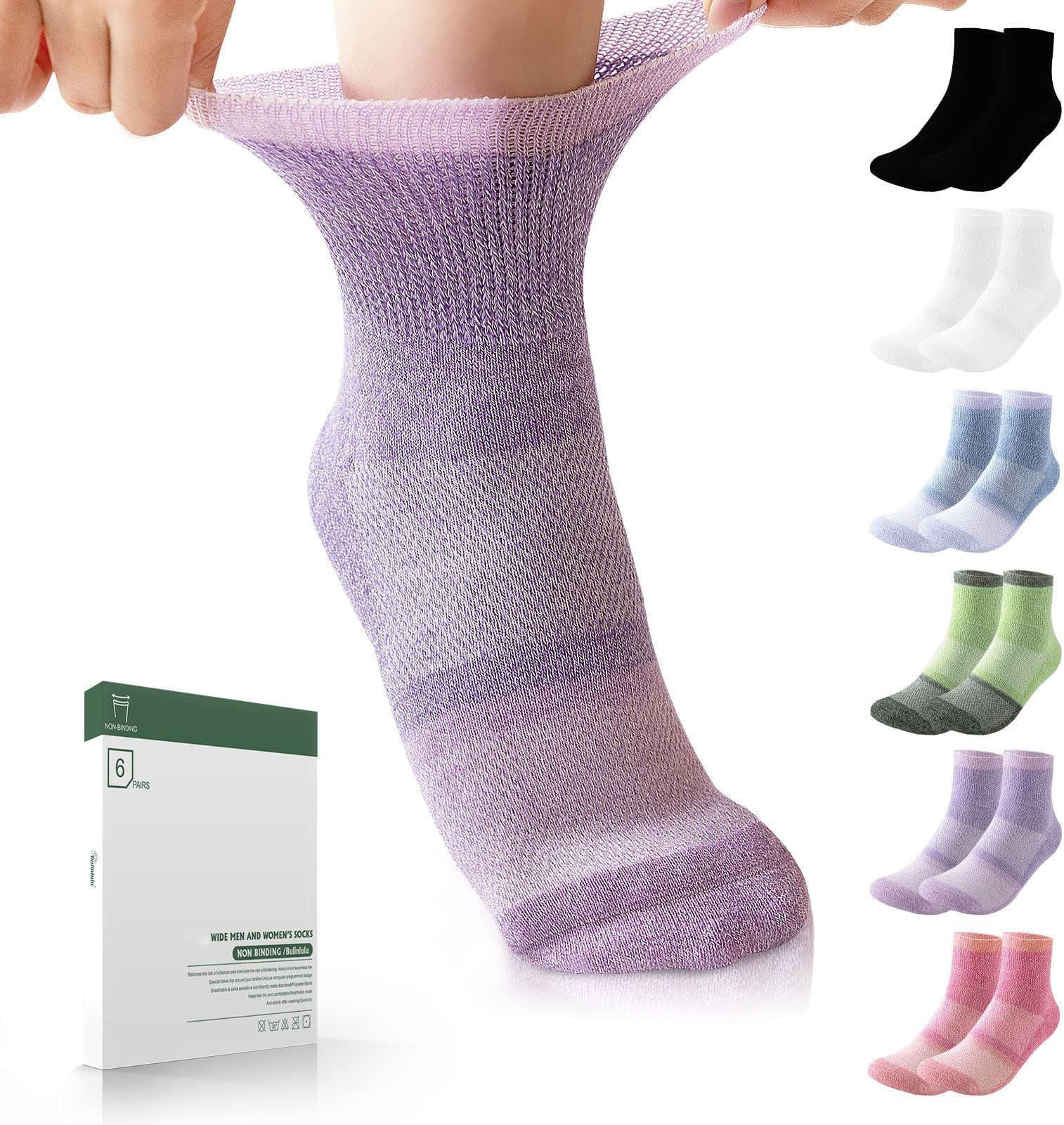 Bulinlulu Diabetic Socks Women&Men-6 Pairs Bamboo Non Binding Diabetic Ankle Socks,Extra Wide Socks Stretchy Loose Top Socks with Seamless Toe(Large,Bright Clashing Colours)