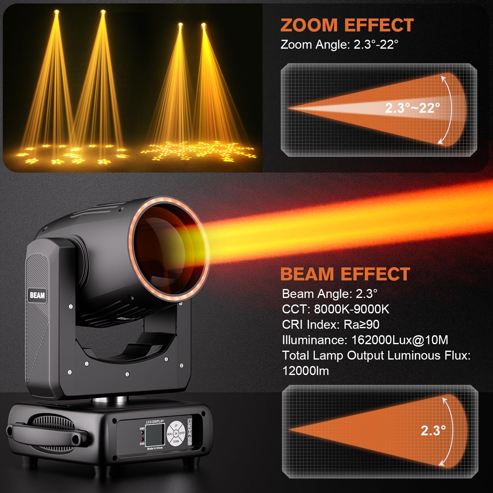2Pcs Luce a Teste Mobili Beam da 295W, Messa a Fuoco Elettronica 14+1 Modelli 13+1 Colori Effetto di Atomizzazione a 48 Prismi perPalco Club DJ Matrimonio Festa Natale