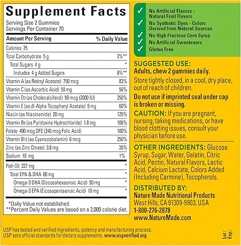 Vista 10 de Nature Made Multivitamínico + Omega-3, gomitas multivitamínicas para mujeres y hombres, apoyo nutricional diario, 80 vitaminas y minerales