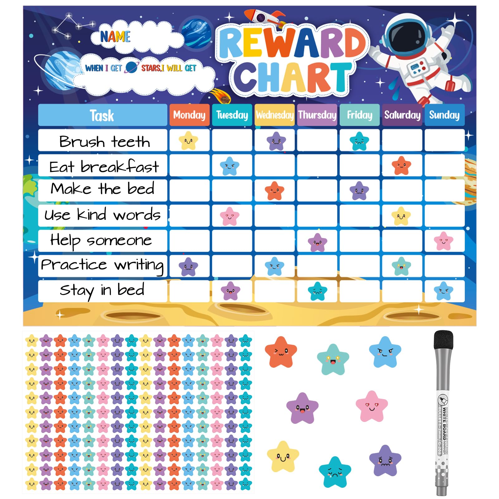 Reward Chart for Kids, with 176 Star Stickers & Dry Erase Marker, Space