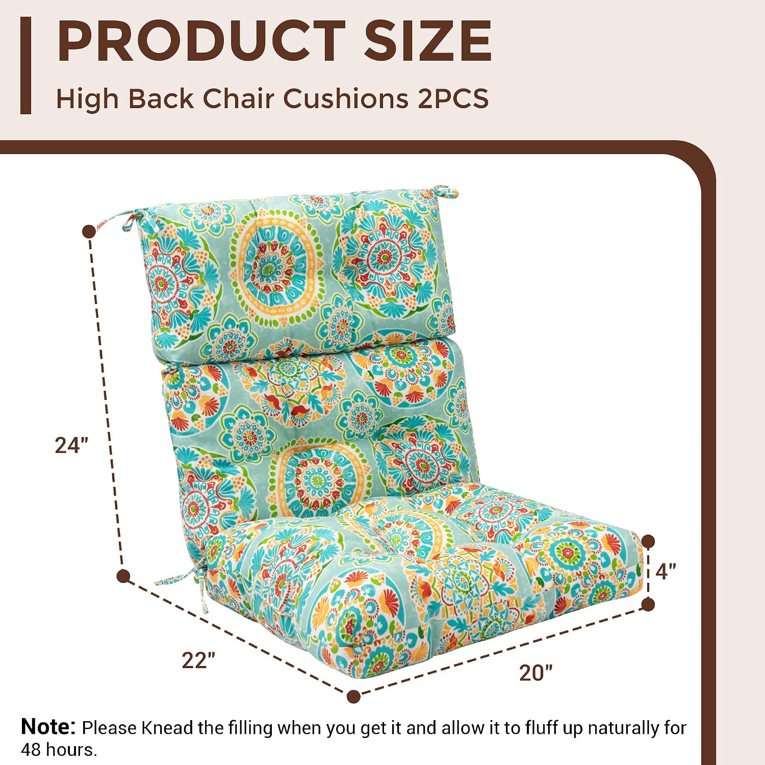 FUNHOME Indoor/Outdoor High Back Chair Cushions Set of 2, Water Resistant Tufted Deep Seat Chair Cushions, Adirondack Cushions for Garden Porch Home Office Chair Use-Cyan Circle