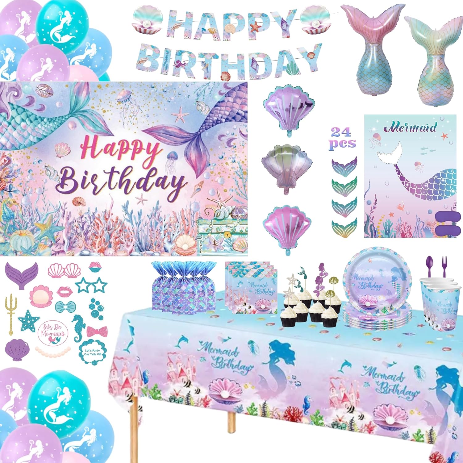 244 Pcs Mermaid Girl Birthday Party Decorations: Plates, Forks, Spoons, Cups, Goodie Bags, Game, Milar/Latex Baloons, Table Cloth, Cake Toppers, Photo Props/Backdrop, Banner. Set Serves 20 Guests.