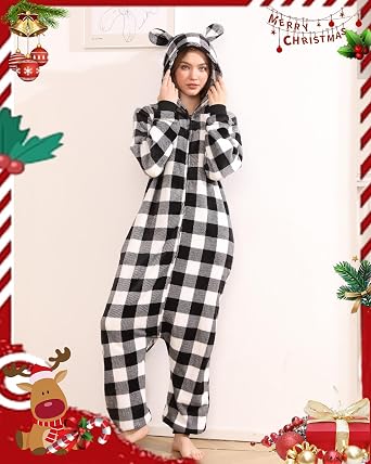 Adults Christmas Onesie Family Pajamas Jumpsuit Flannel Comfy Matching Sleepwear Hooded One Piece Warm Loungewear