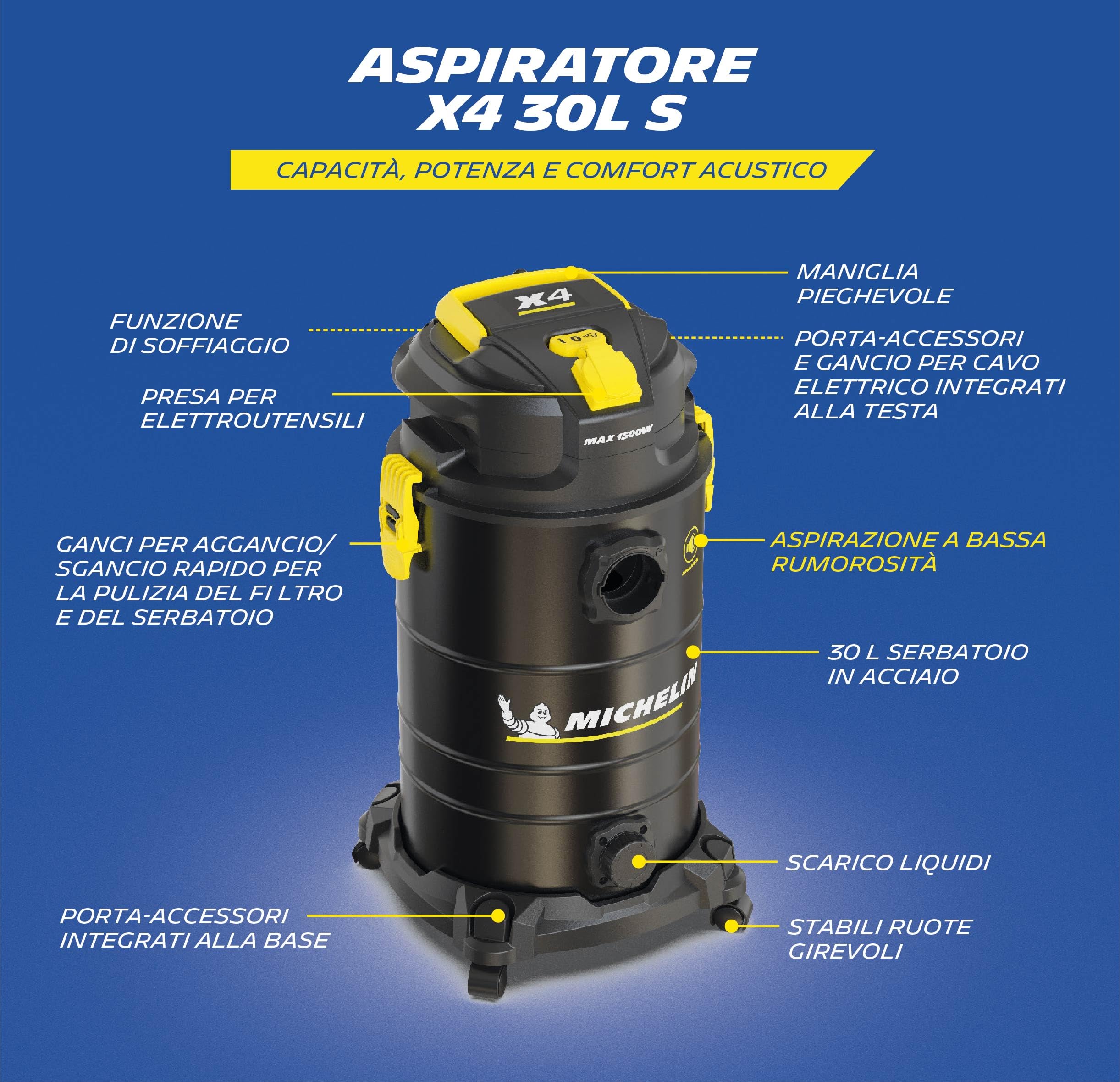 MICHELIN, Aspiratore Solidi e Liquidi, X4 30L S, Gamma SILENZIOSA, Serbatoio in Acciaio da 30 L, con Presa Elettroutensili, 1000 W, Completo di Accessori, Funzione di Soffiaggio, 19 kPa