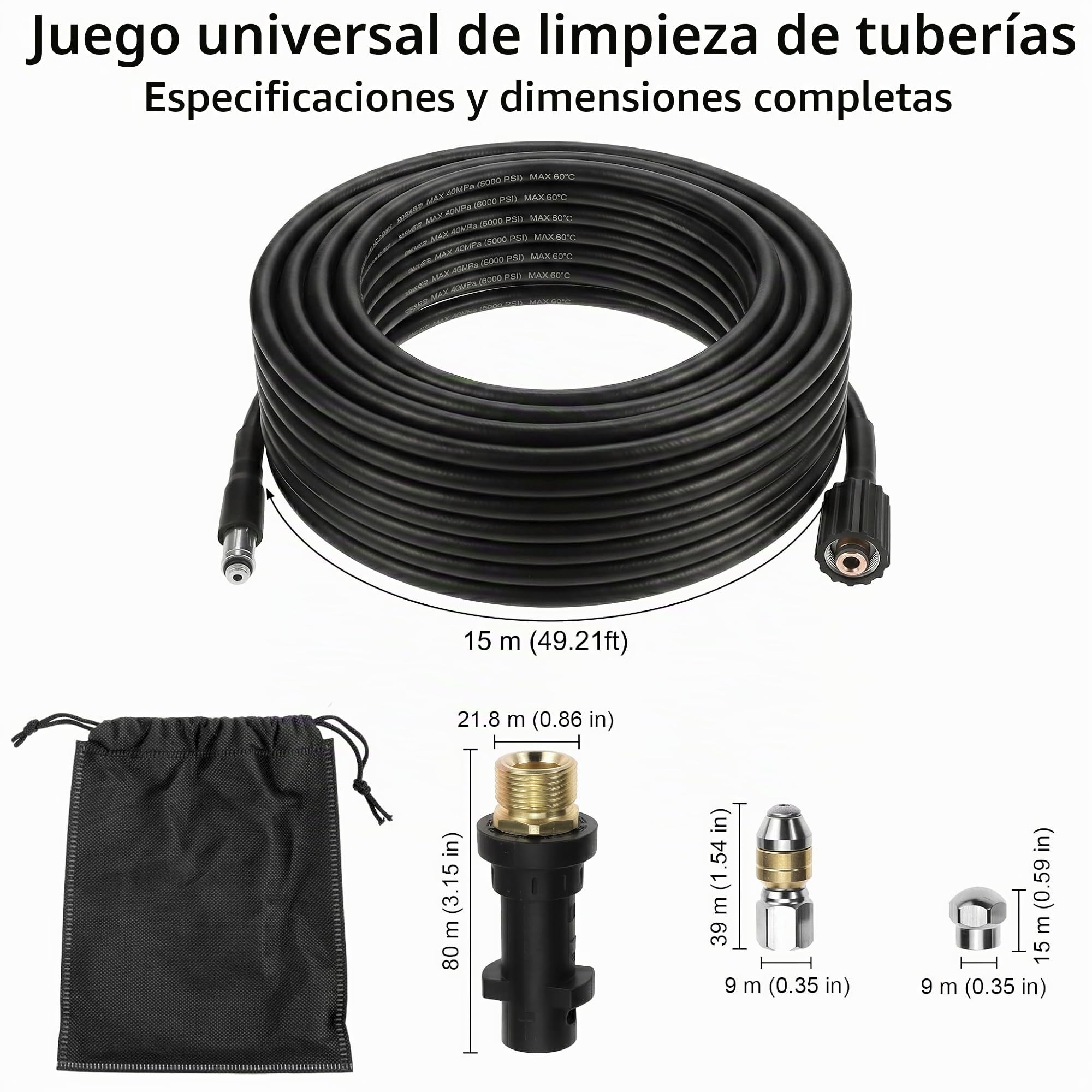 QWORK® Manguera limpieza tubos de alta presión 15M/50FT, 400 Bar/5800PSI desatascador tuberias a presion, compatible con Karcher K2-K7