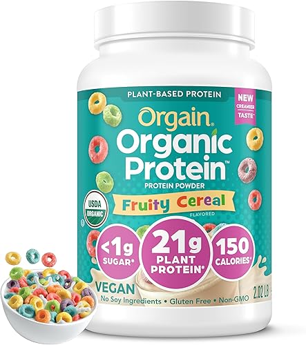 Orgain Proteína vegana orgánica en polvo, cereales afrutados 0.81 onzas de proteína a base de plantas, 0.28 oz de fibra prebiótica, baja en