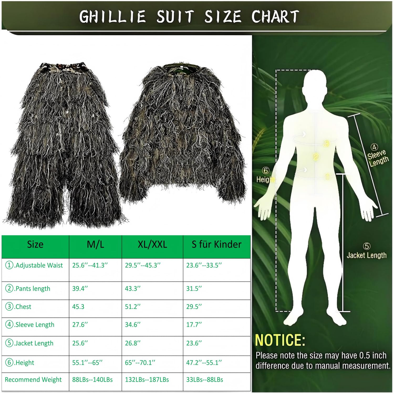 Beler Ghillie Suit, 5-teilige 3D Camouflage Anzug Tarnanzug, Wald und Jagd Verdeckt Kostüm Camouflage Set