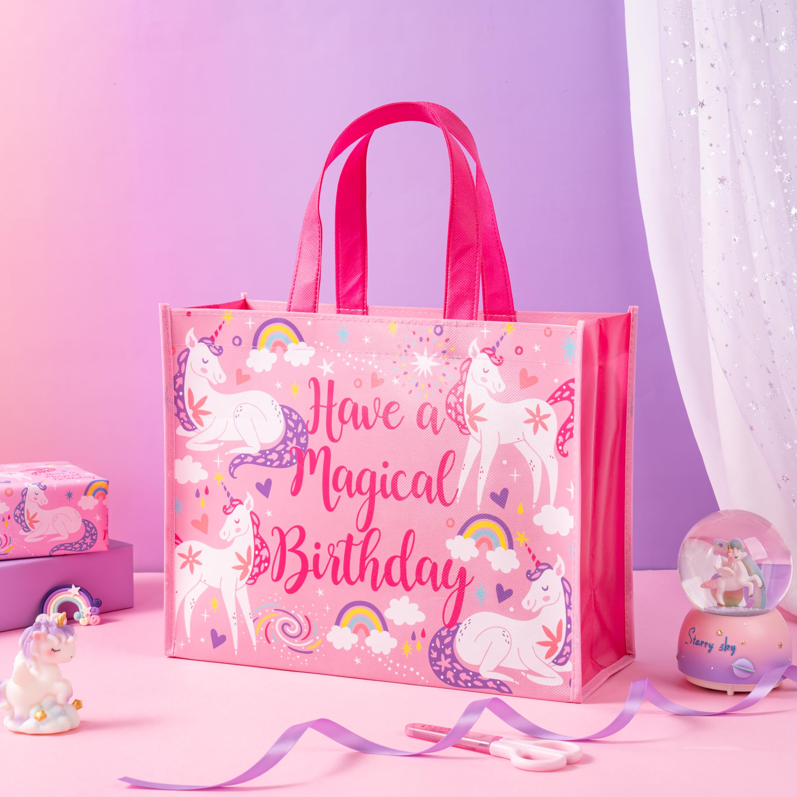 WRAPAHOLIC Large Reusable Magical Unicorn Birthday Gift Bag with Handles - 10 x 5 x 13 inch - Pink Magical Bday Gift Bags for Girls Birthday, Baby Girl Shower and Shopping