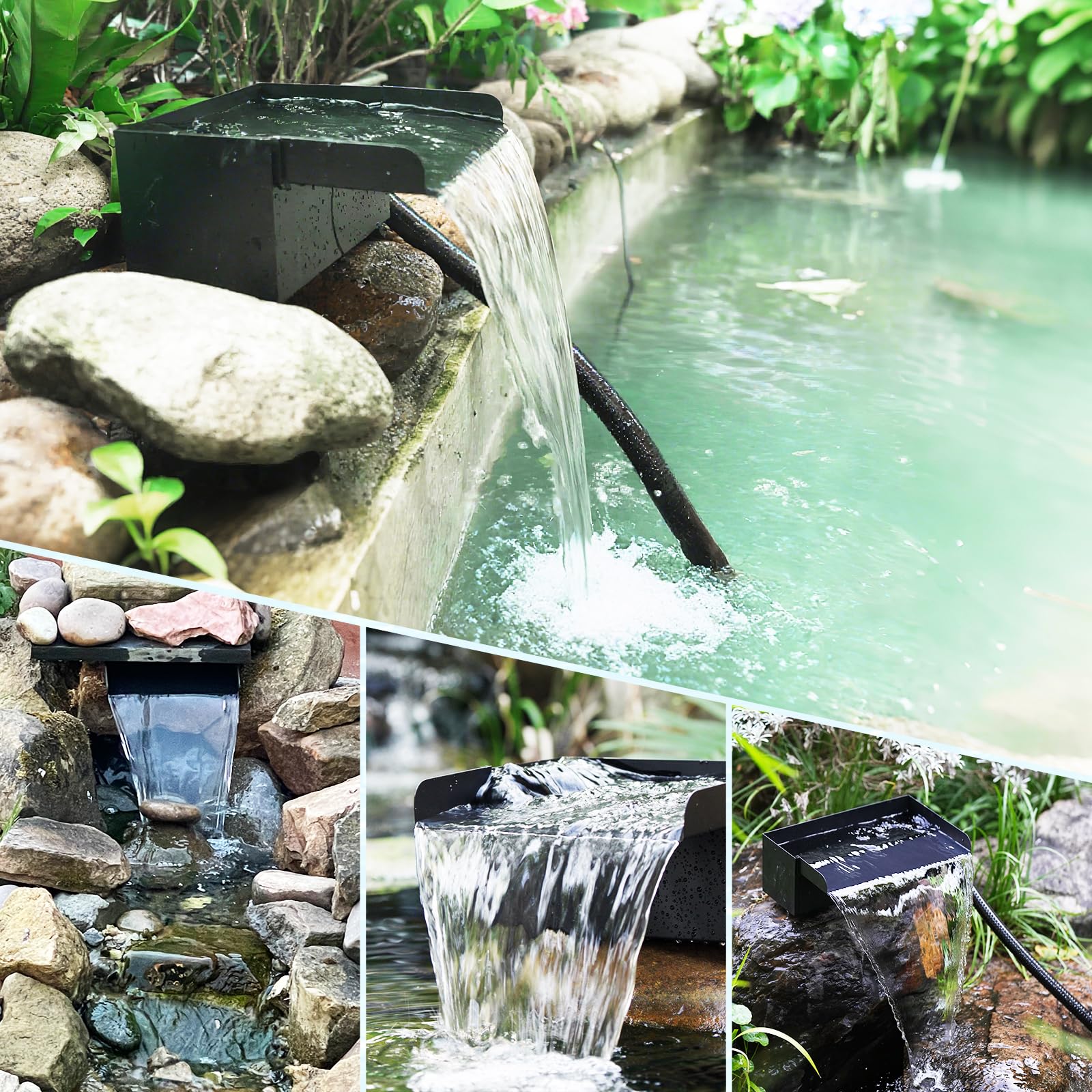 Biling Teich Wasserfall für Gartenteich, 20cm Edelstahl Teichwasserfall Set 40W 2500 L/H Teichpumpe mit Wasserfall Deko Garten Teich Wasserspiel Patio Terrasse Wasserwand Koiteich Außenteich