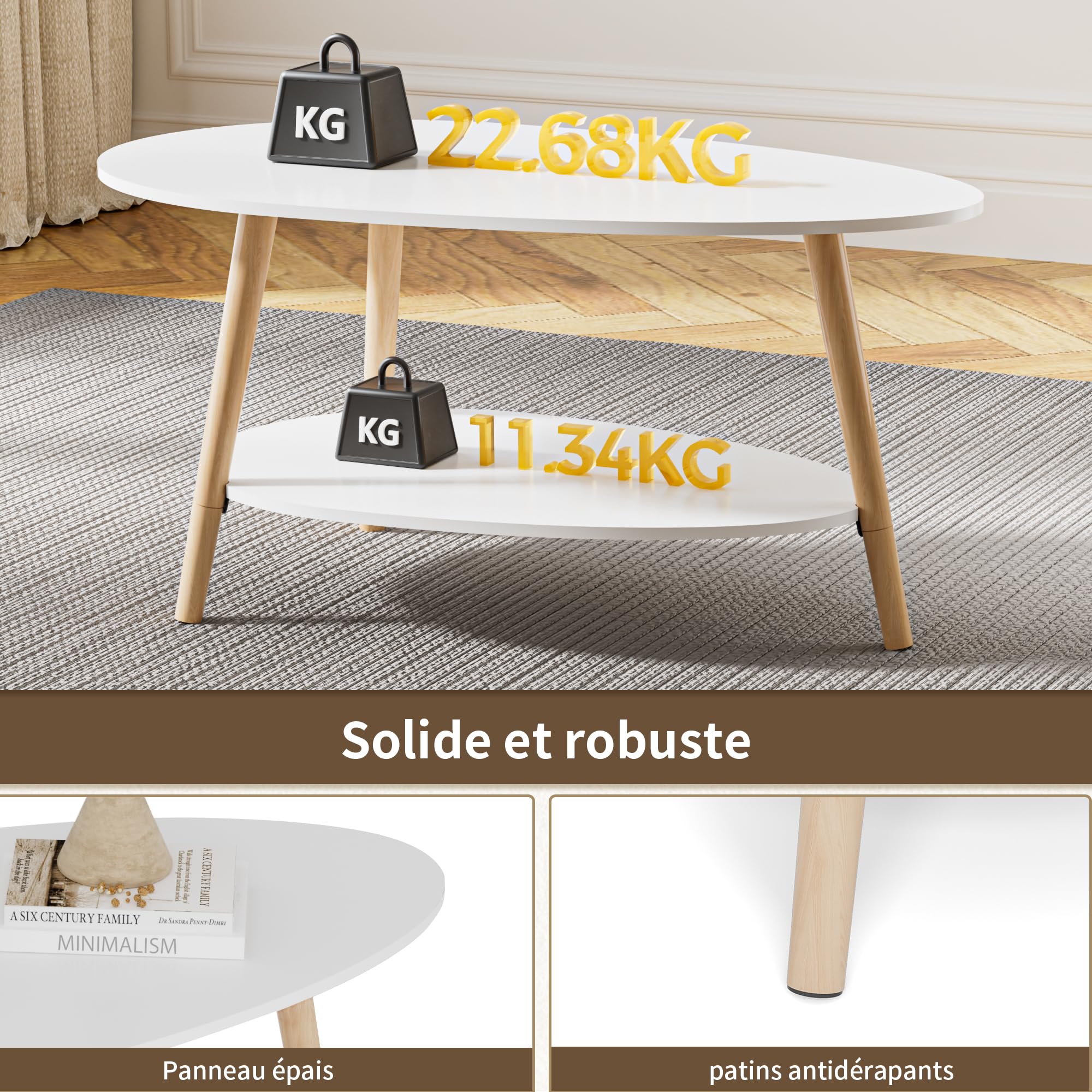 BonVache Table de Thé en Bois Massif, Table de Salon Ovale à Double Niveau, Table Ronde pour Salon, Table Basse, Table d'Appoint, Table à Thé, Blanc