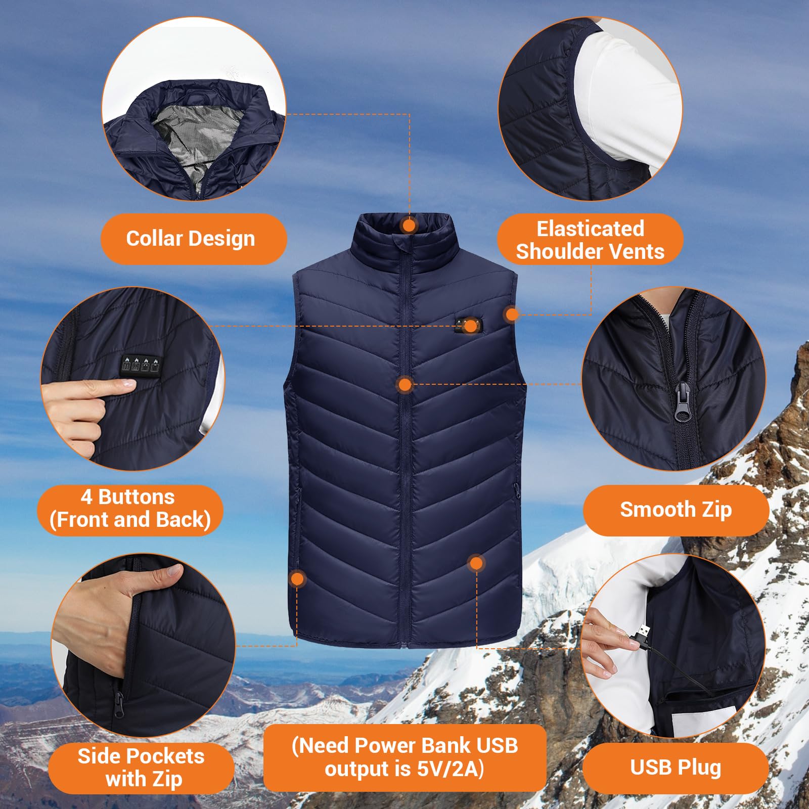 Gilet Riscaldato, Regolazione Della Temperatura a 3 Livelli, 17 Zone di Riscaldamento, Gilet Riscaldato Ricaricabile via USB, Giacca Riscaldata per Uso Esterno (Batterie Escluso) L Blu
