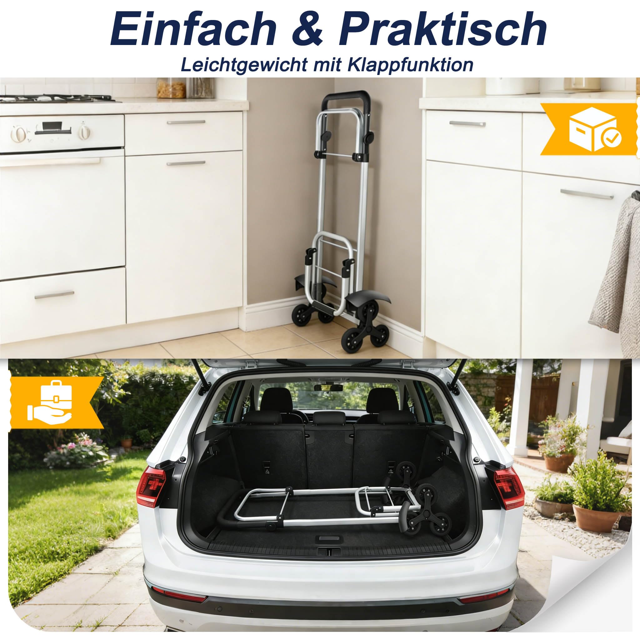 3in1 Klappbarer Einkaufstrolley 56L | Einkaufsroller mit Umhängetasche & Sackkarre | Einkaufswagen Schwarz 3-Rad