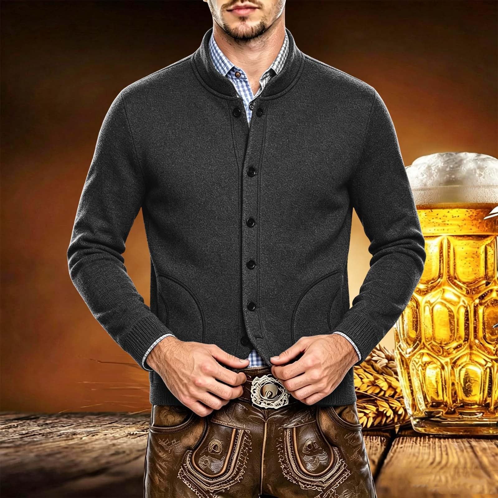 Trachtenjacke Herren, Trachten Strickjacke Langarm Janker mie Knopfleiste Trachtenjanker Leichte Casual Cardigan Stehkragen Locker Warm Trachten Jacke für Oktoberfest Herren Outfit Trachtenmode