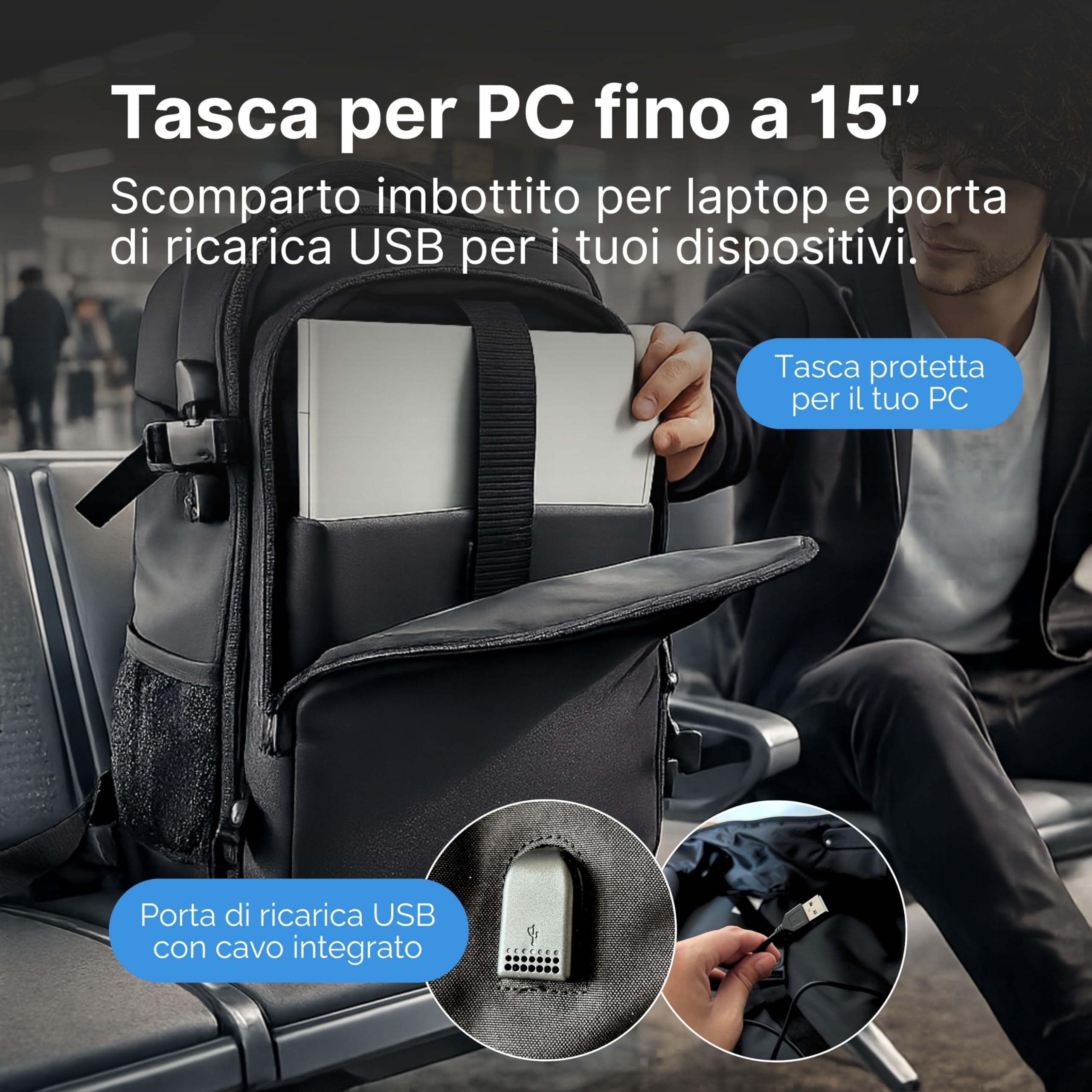 Zaino Ryanair 40x30x20 da Cabina Bagaglio a Mano 24L Porta PC Portatile Impermeabile con Lucchetto e Caricatore USB