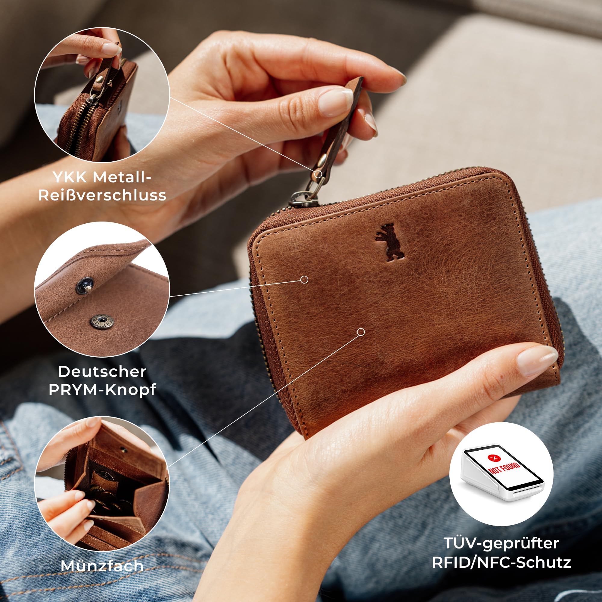 Berliner Bags Vintage Geldbörse Palermo, Kleines Portemonnaie Damen, Geldbeutel aus Leder, mit TÜV-geprüftem RFID-Schutz, inkl. Geschenk-Box, für Damen – Braun