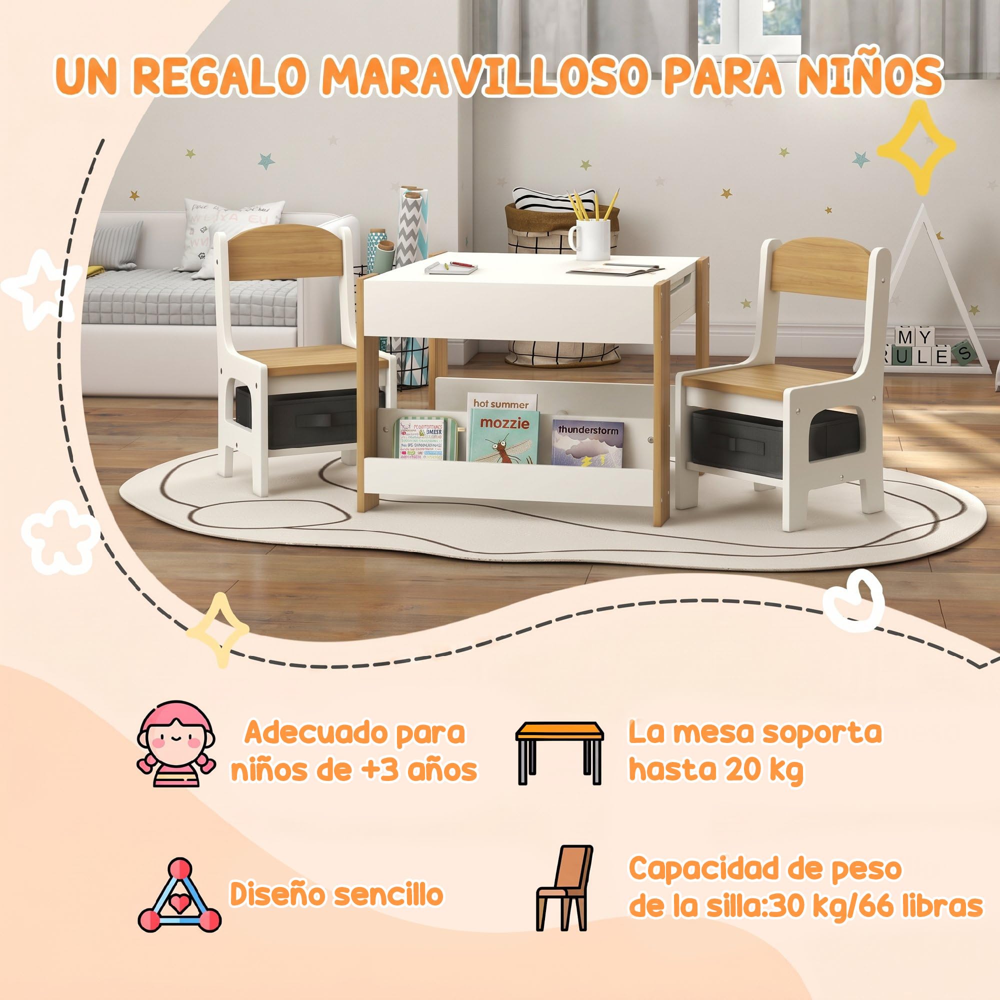 HOMCOM Juego de Mesa y 2 Sillas Infantiles Mesa con Sillas para Niños 3 en 1 con Pizarra Cajones de Tela y Espacio de Almacenamiento para Guardería Sala de Juegos Blanco y Natural