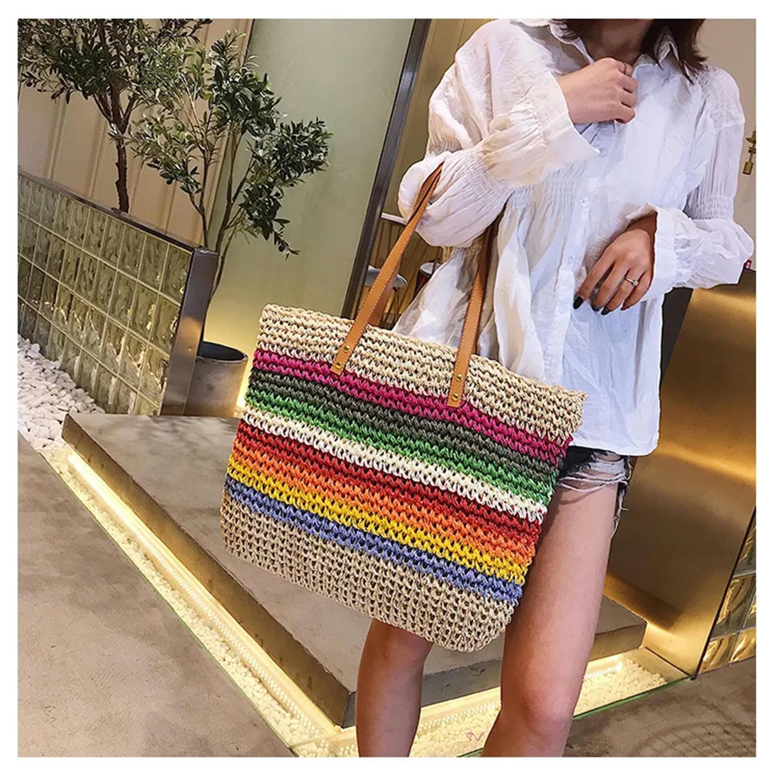 Borsa A Tracolla Borsa Color Arcobaleno Borse da Spiaggia Rattan Intrecciata A Mano Intrecciata A Mano in Grande capacità di Grande Capacità-beige-39 * 37 * 4