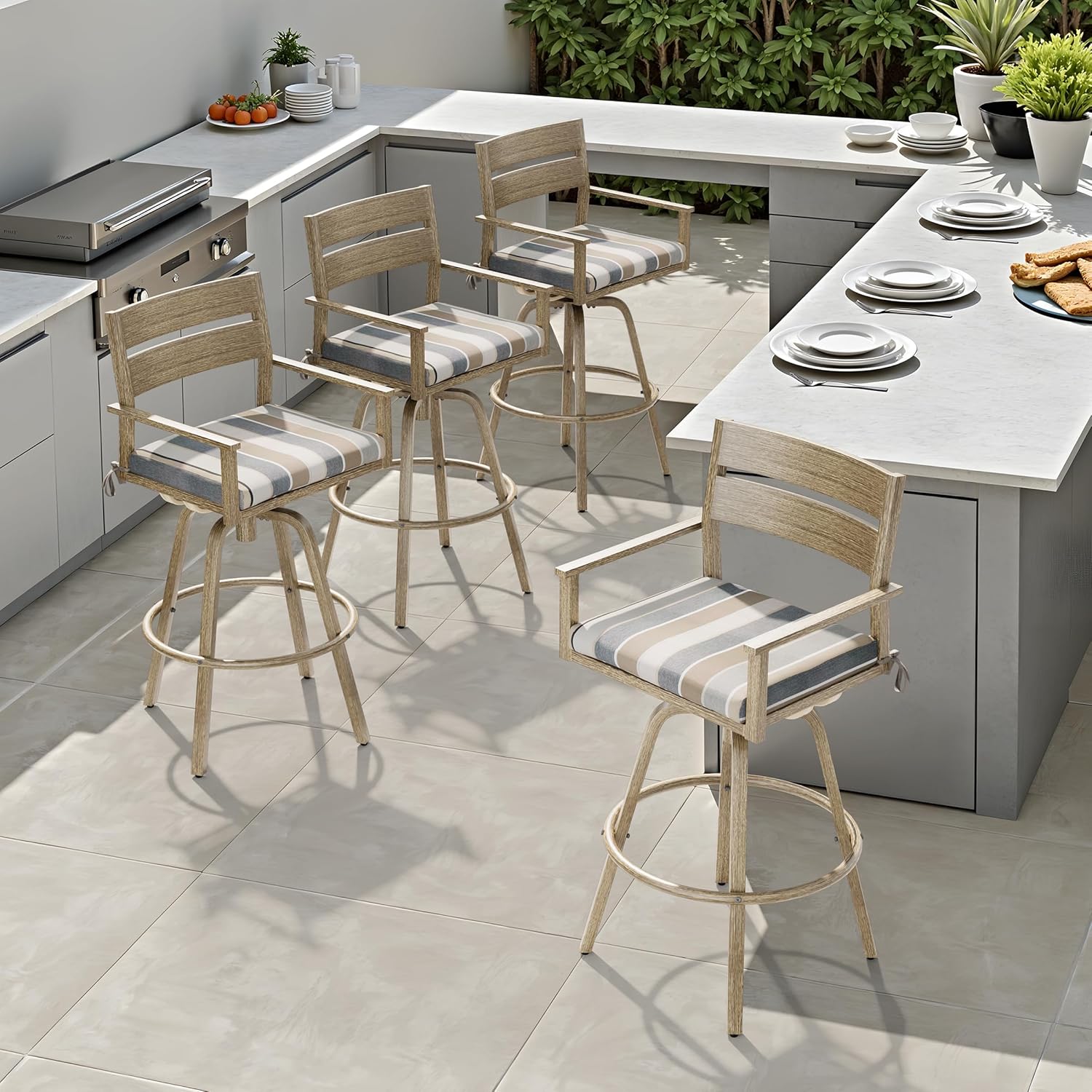 Pellebant 4 Pcs Outdoor Swivel Bar Stools, 28.7" Aluminum Bar Height Stools with Backs & Sunbrella Cushions, Modern Patio Barstool Chairs, All-Weather Barstools for Patio, Deck, Balcony, Milano Char