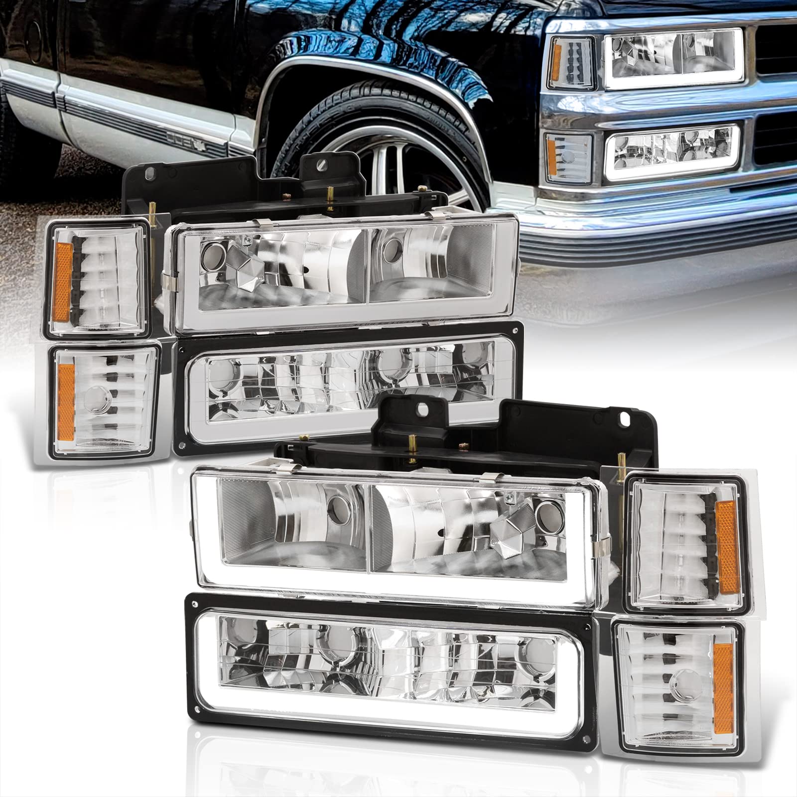 AJP DistributorsLED DRL Headlights + Corner Bumper Lamp Compatible/Replacement For C10 C/K C1500 C2500 C3500 K1500 K2500 K3500 Silverado Suburban Tahoe 1994 1995 1996 1997 1998 1999 94 95 96 97 98 99