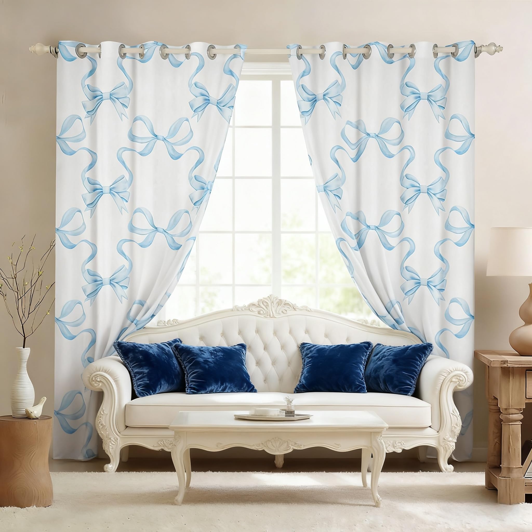 feelingyou Blue Bowknot Curtains for Windows,Princess Style Watercolor Bow-tie Curtains for Living Room,Fairy Tale Bow Ribbon Stripes Blue White Blackout Drapes 2 Panel Sets,66x72L