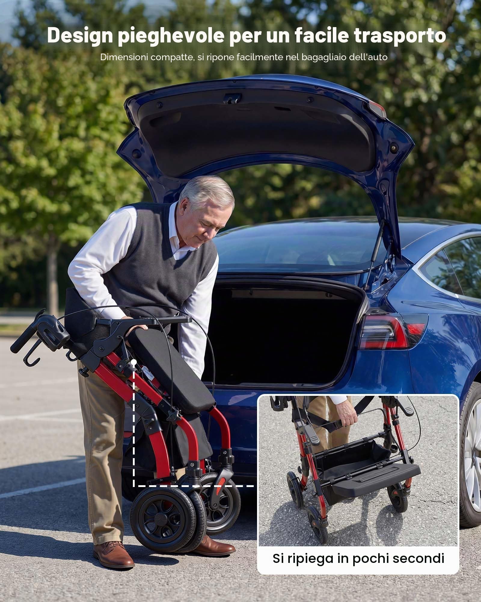 VEVOR Deambulatore e Sedia a Rotelle 2 in 1 Carico Max 136 kg per Sostegno Camminata, Ausilio Pieghevole per Mobilità in Alluminio con Ruote in PU Portaoggetti e Porta Bastone, per Disabili e Anziani