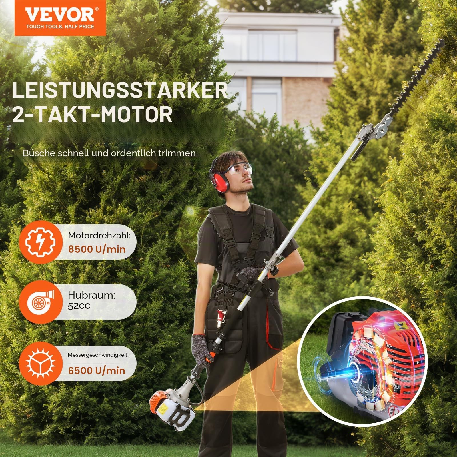 VEVOR 52CC 6-in-1 Multifunktions-Heckentrimmer, Benzin-Heckenschere, Unkrautvernichter, Fadentrimmer, Freischneider, Kantenschneider, Hochentaster, Kettensäge, Astsäge mit Verlängerungsstange