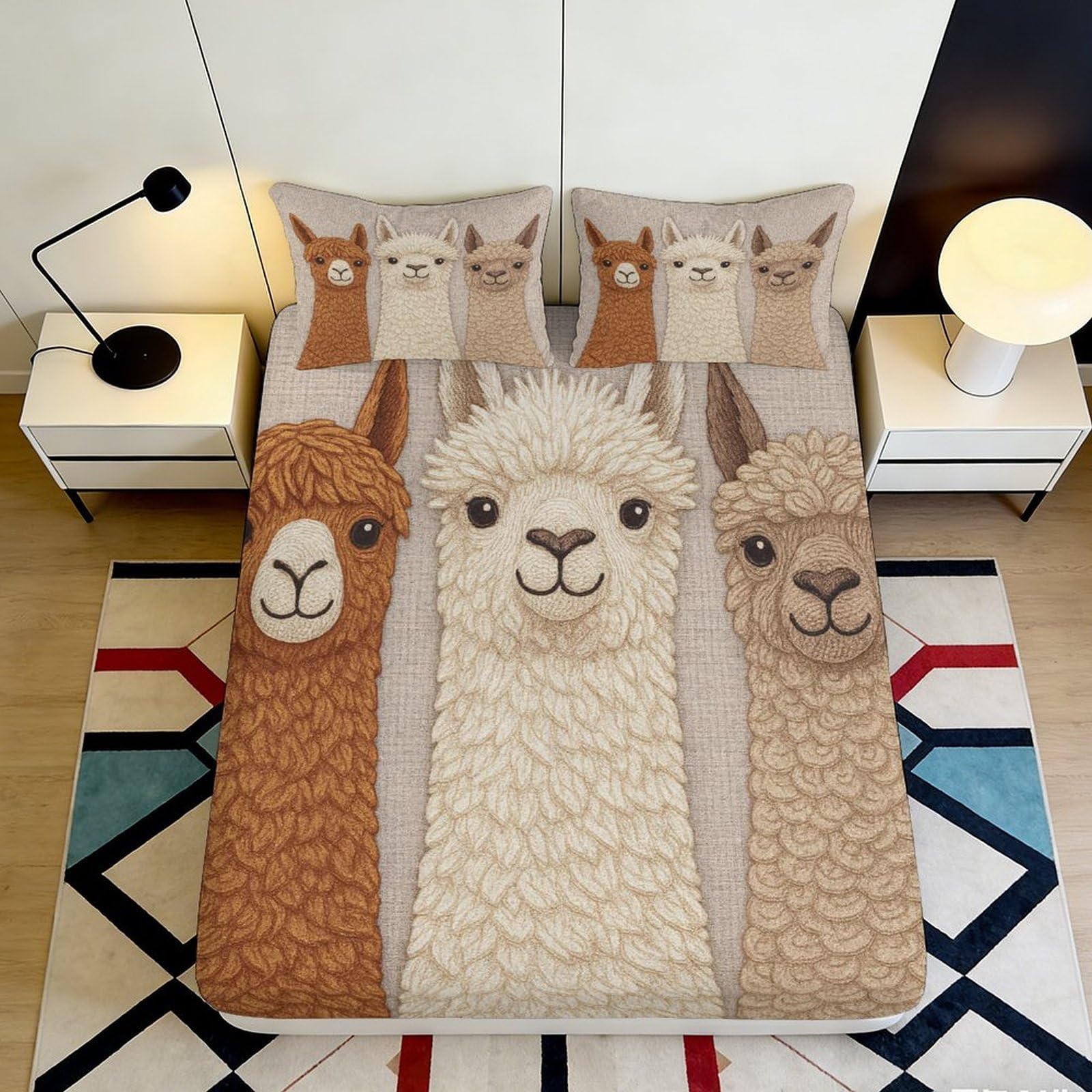 3D Printed Alpaca Fitted Sheet Microfiber Soft Breathable Cozy Mattress Cover for Bedroom Dormitory Guest Room Decor 200x200x25cm