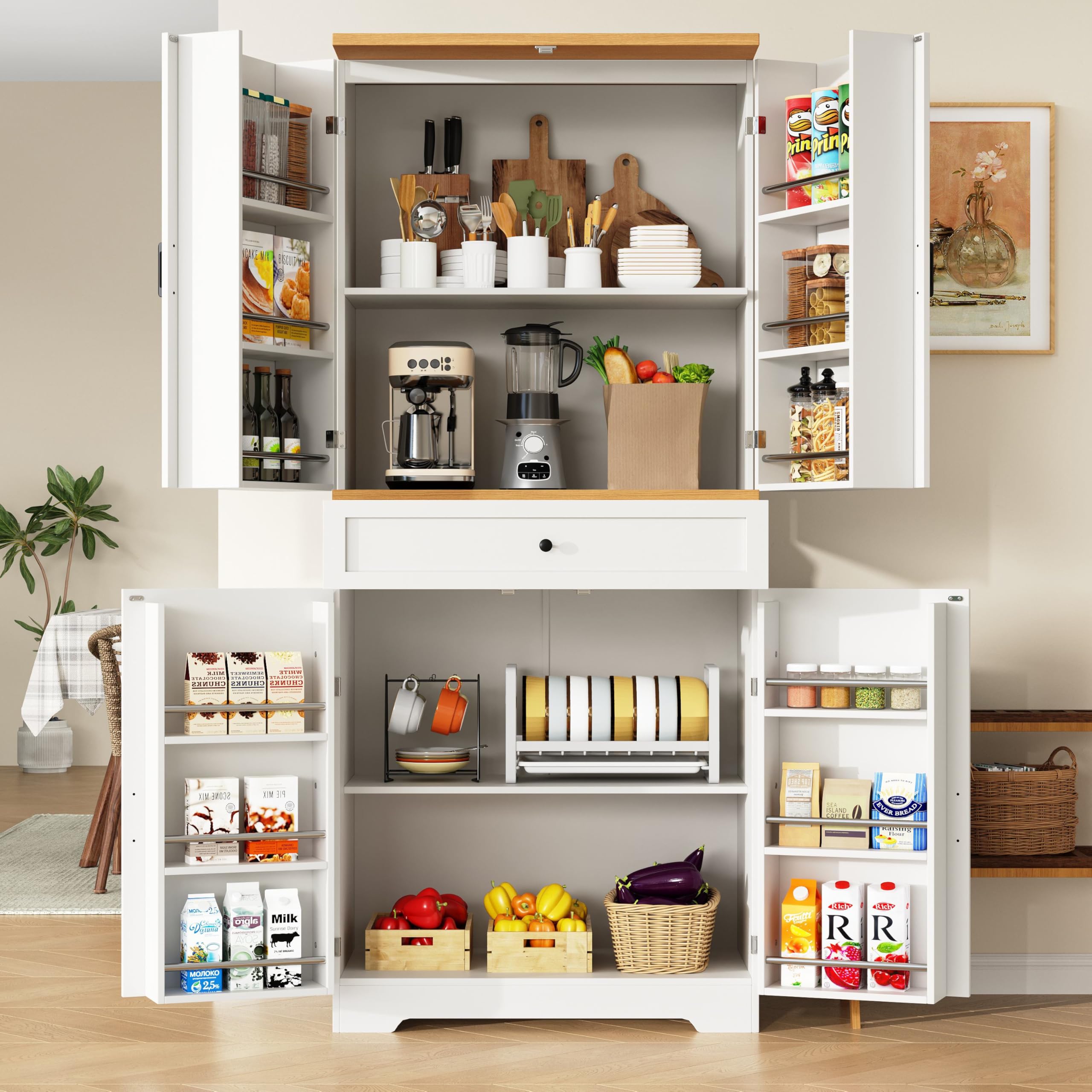 Hochwertiger Küchenschrank mit 12 Türfächern & Schubladen (80x40x180cm), Snack-Aufbewahrungsschrank aus MDF & Spanplatte, Buffetschrank für Esszimmer, Küche, Wohnzimmer
