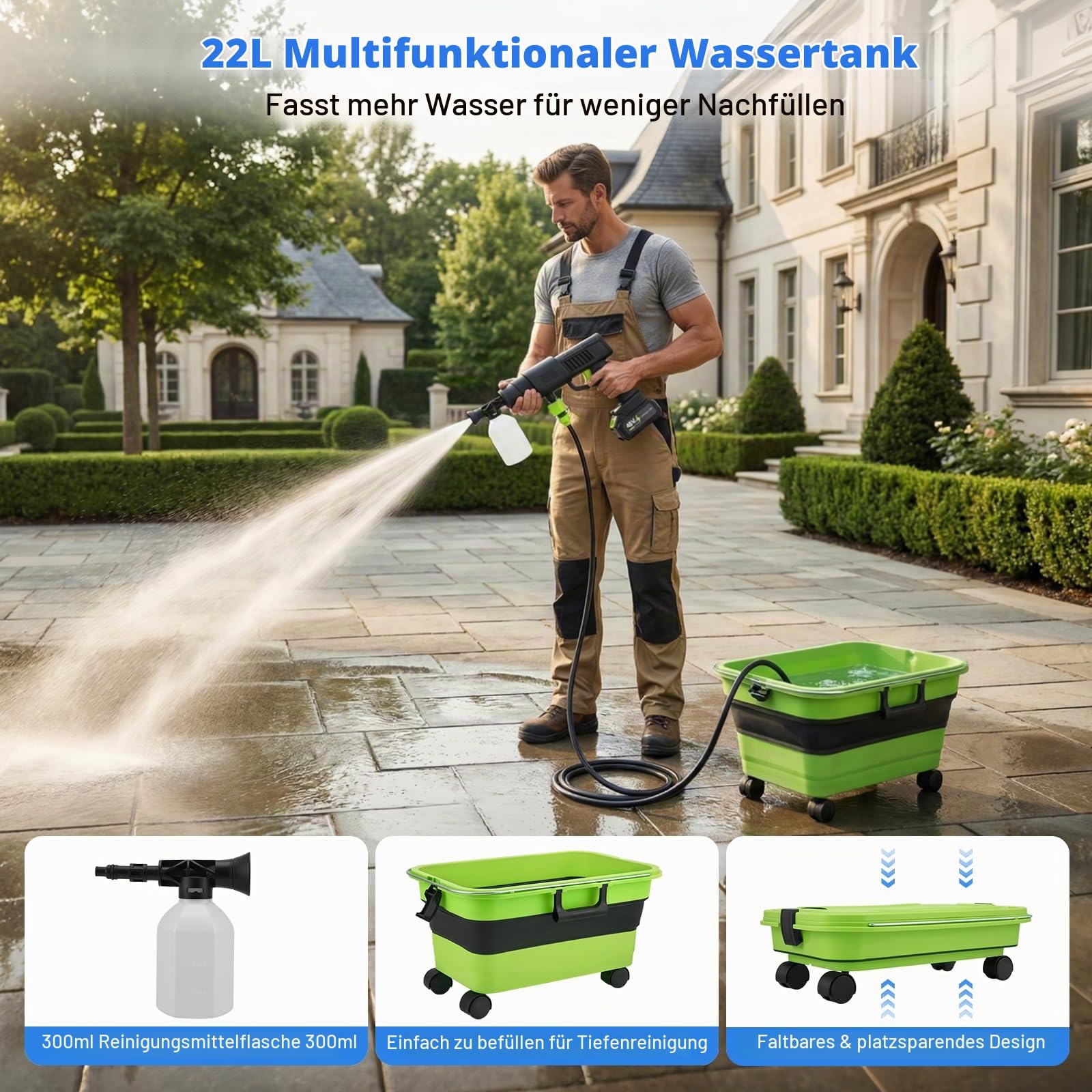Akku Hochdruckreiniger,Mobiler Hochdruckreiniger mit 4.0Ah Batterie, Pressure Washer 10-Gang-Modus,Akku-Druckreiniger für Mobile Reinigung,für Auto, Terrasse, Hausreinigung