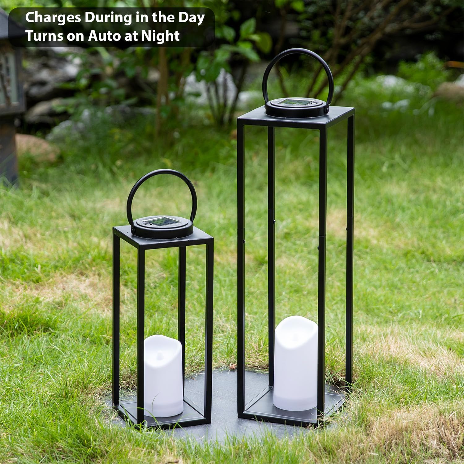 Large Solar Outdoor Lanterns, 25" 16" Tall Farmhouse Black Metal Waterproof Decorative Lanterns with Solar Candles for Front Porch, Patio, Christmas, Fall Decor- Set of 2