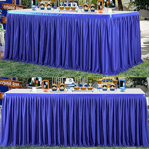 Partisky Falda de mesa de poliéster azul rey para mesas rectangulares de 14 pies, resistente a las arrugas, mantel plisado con volantes para