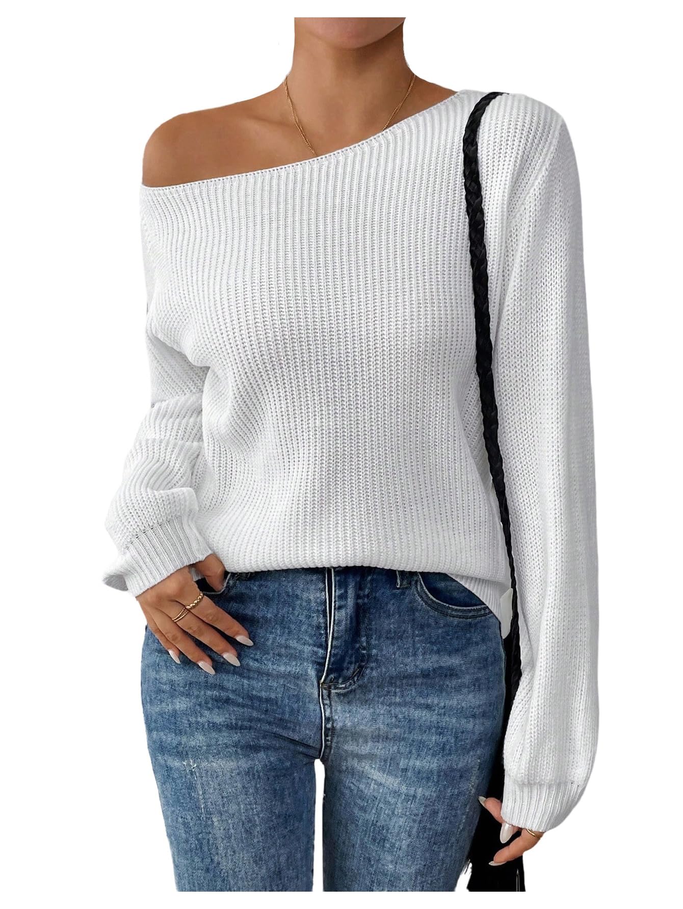 Verdusa Womens Off The Shoulder Sweater Long Sleeve Ribbed Knit Casual Loose Pullovers
