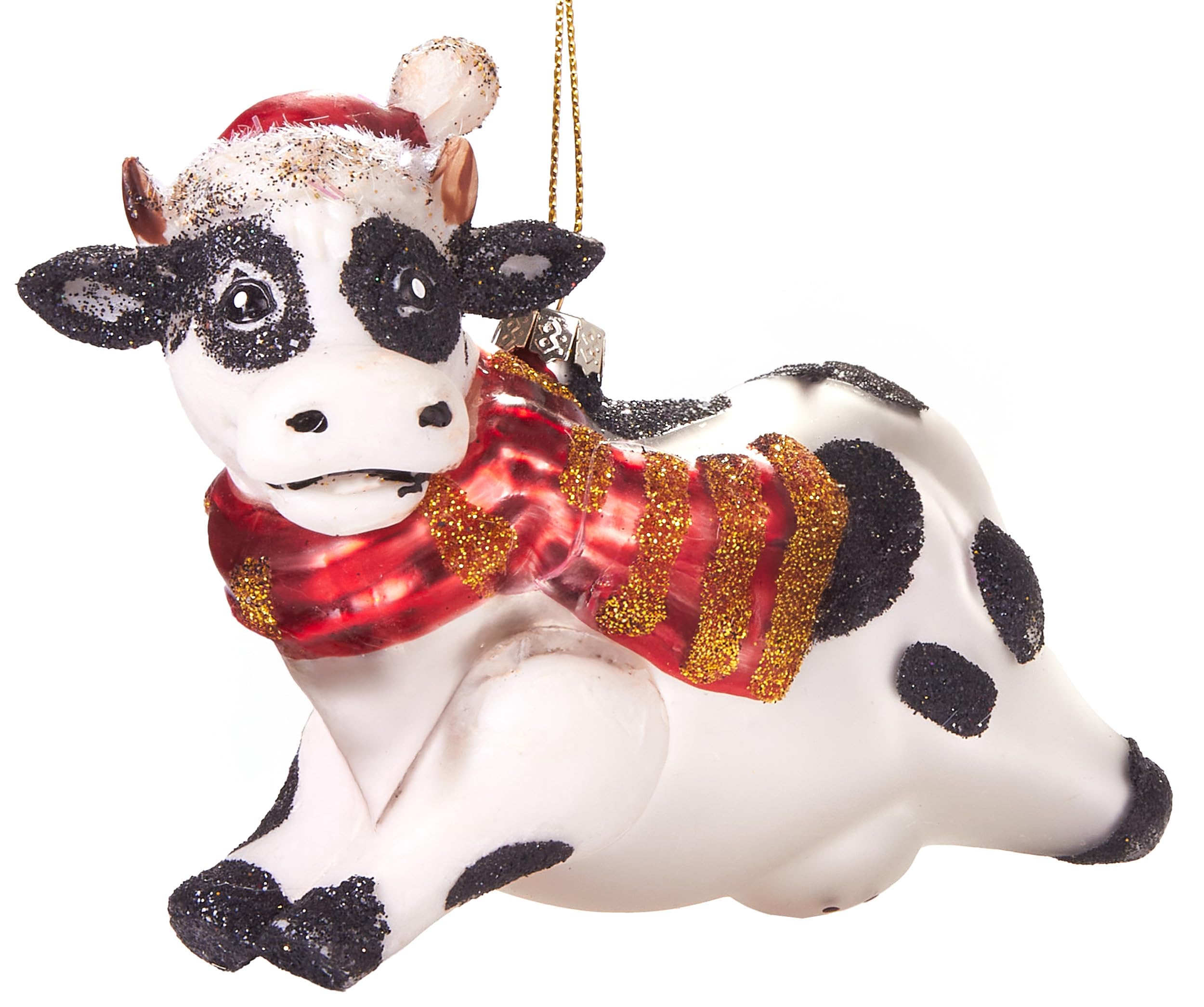 BRUBAKER Festive Bauble - Cow Wearing Christmas Hat and Scarf - Hand-Painted and Mouth-Blown - Farm Tree Decoration Funny Figurine Ornament - 4.3 inches (11 cm)