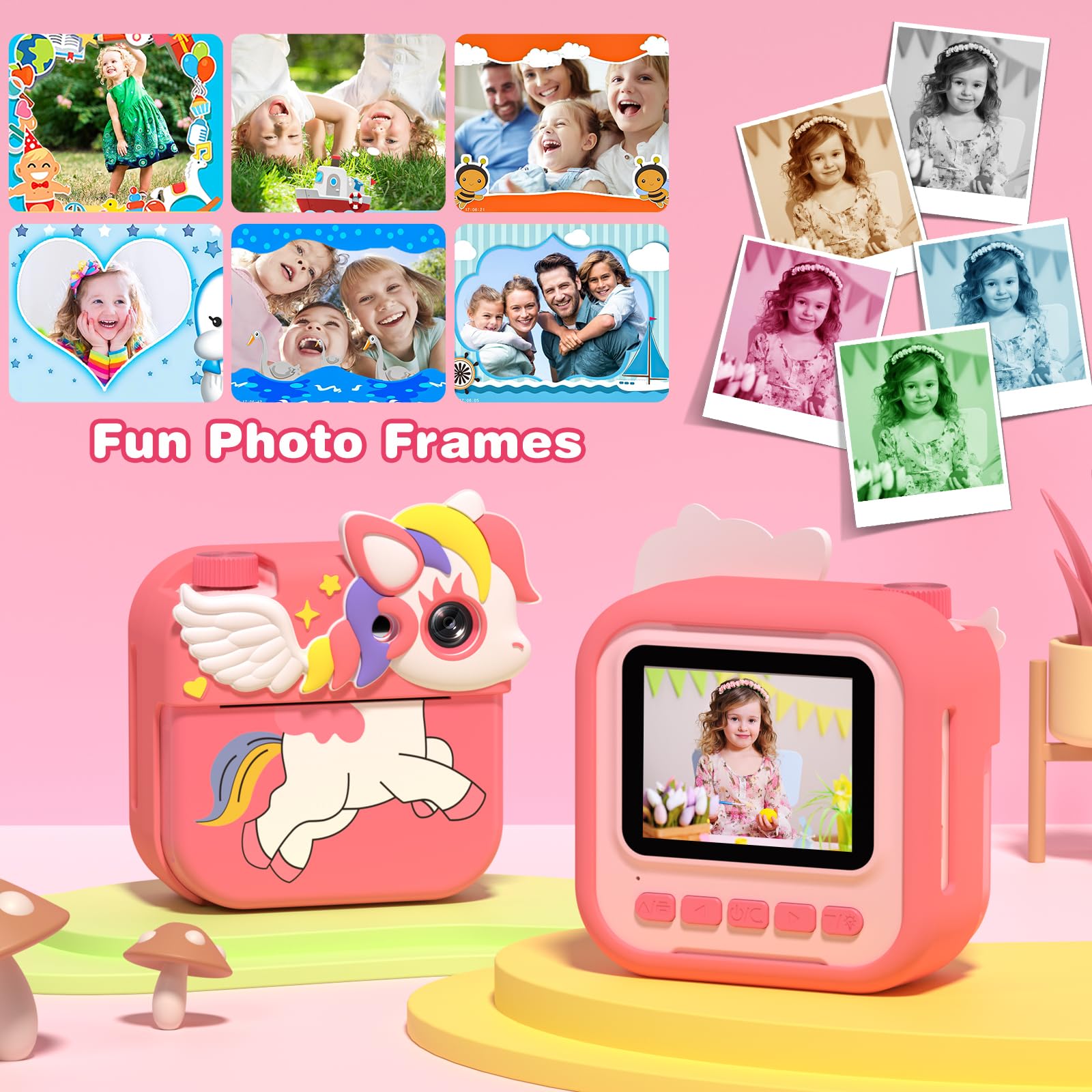 Macchina Fotografica Bambini Istantanea,Hangrui 12MP/1080P HD Fotocamera Bambini con Carta da Stampa e 32G,Fotocamera Digitale Stampa Istantanea, Regalo per Bambini dai 3-12 Anni-Rosa