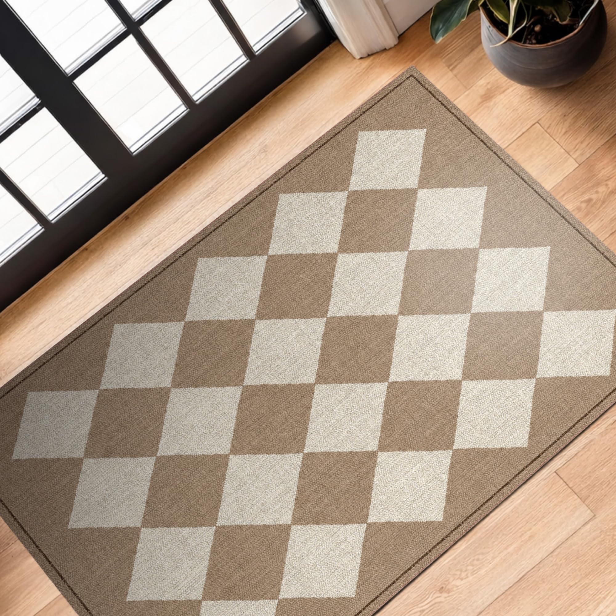 Carolina Creekhouse Vinyl Floor Mat 2'x3' - Beige & Cream Checkered Pattern - Waterproof Non-Slip Kitchen Rug - Hard Floor Safe - Eco-Friendly Flat