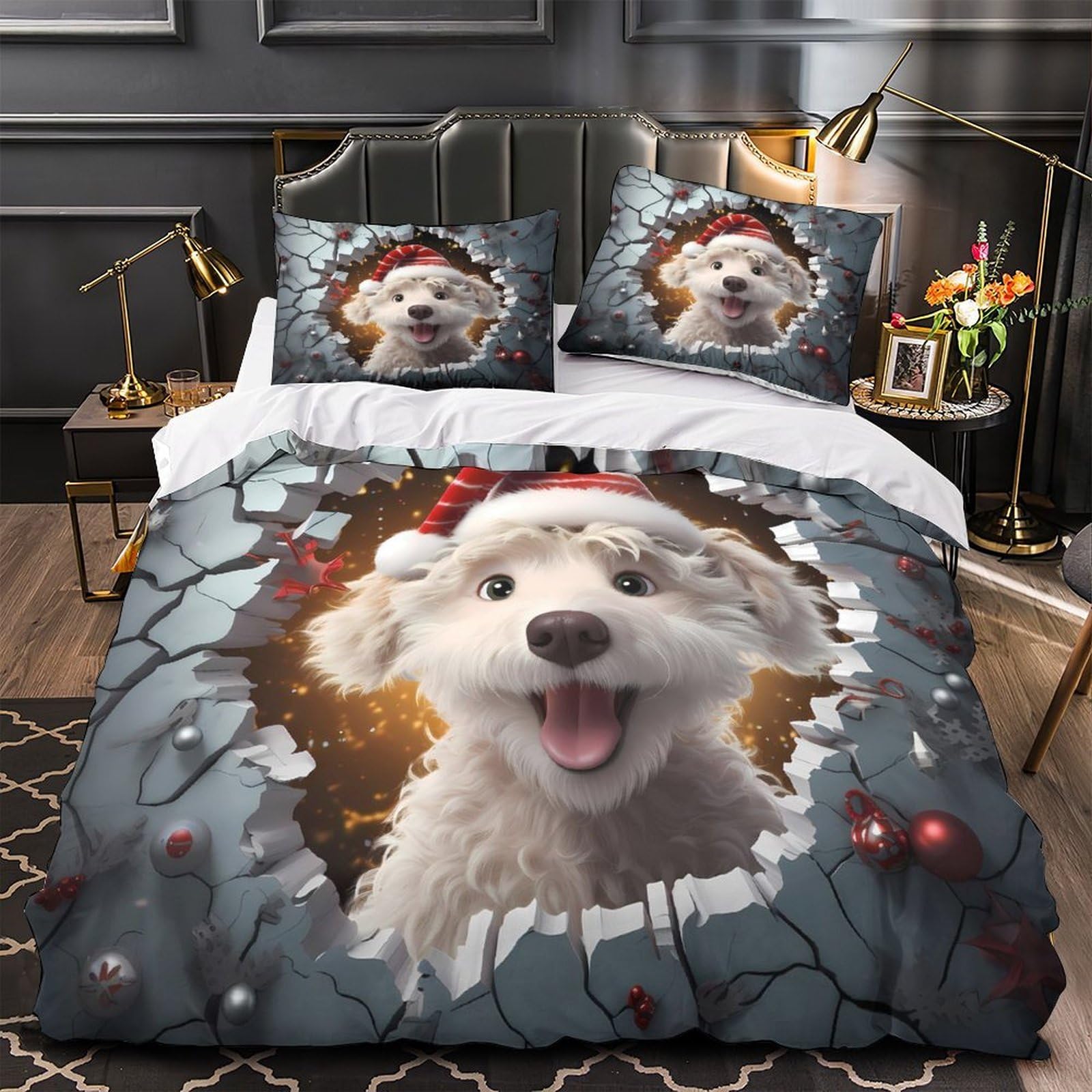 Housse de couette Noël chien en microfibre douce et fermeture éclair pratique