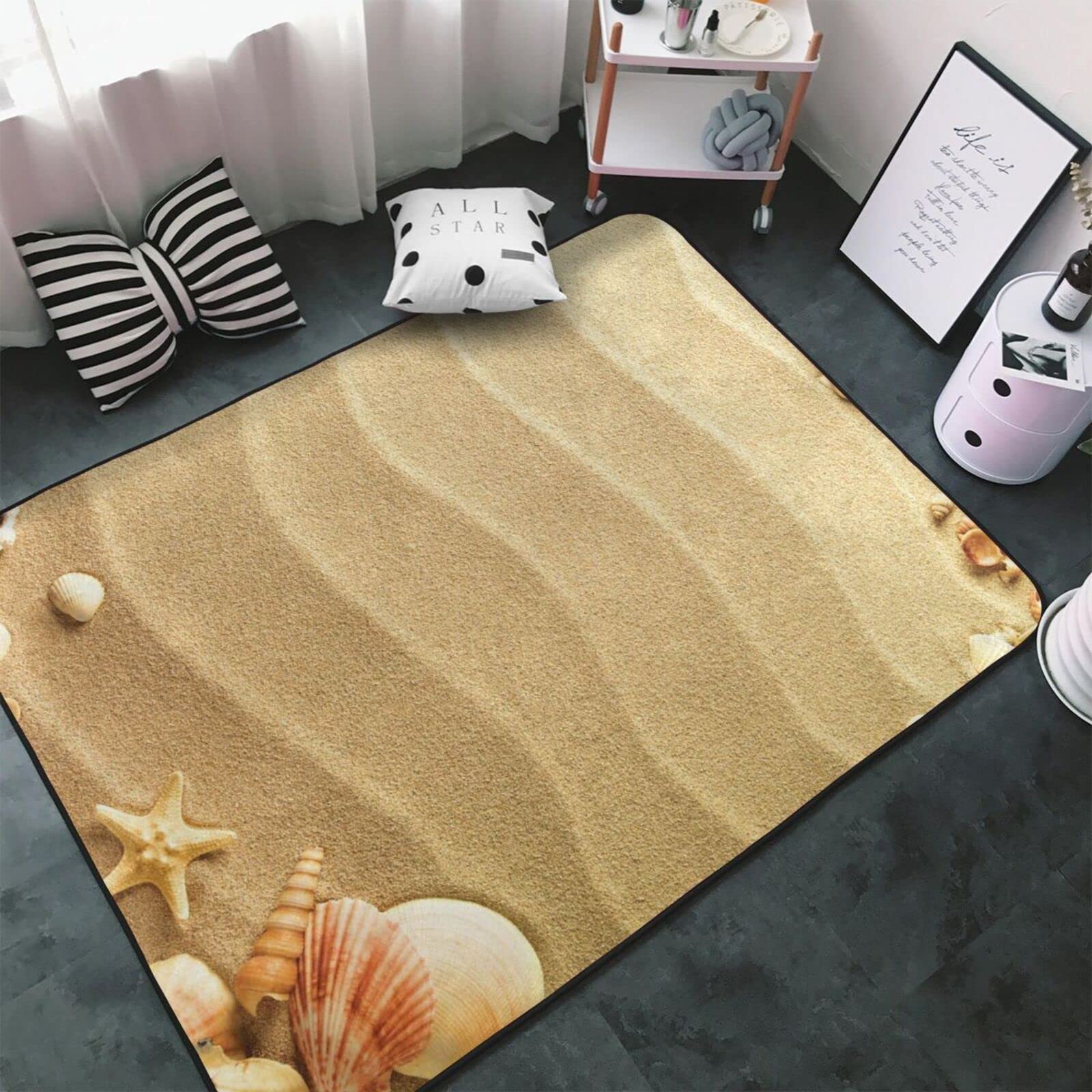Tapis de sable de plage et coquillages. Antidérapant et durable, doux au toucher. Convient pour le salon, la chambre, le balcon et le bureau. 100 x 150 cm