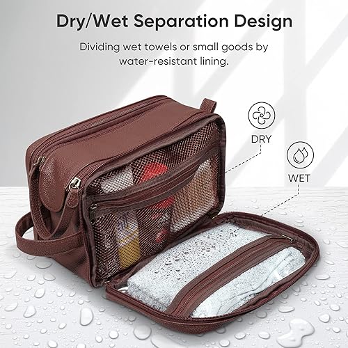 Miniatura 4 de BALEINE Neceser de aseo para hombres bolsas grandes de artículos de tocador de viaje con compartimento resistente al agua kit de dopp de piel